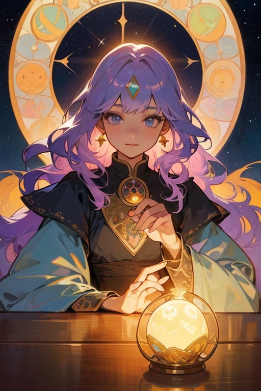 (masterpiece, highest quality, highest quality, Official Art, beautifully、aesthetic:1.2), (1 girl:1.3), Wavy long hair, Light purple hair, Very detailed, Portraiture, Look directly at the viewer, alone, (whole body:0.6), detailed background, close, Shining Eyes,fortune teller, Mysterious, Sit at the table, colorful shoulderless loose gypsy fortune teller clothes, holy grail, Crystal Ball, Medieval (Inner tent:1.1) background, tent curtains in background, dark Mysterious lighting, Shadow, Magical atmosphere, Starry Night,, Dutch angle astrology、Mysterious, Alphonse Mucha&#39;s Art Nouveau Line, Art Nouveau Line,　Amazing full color,　Watercolor