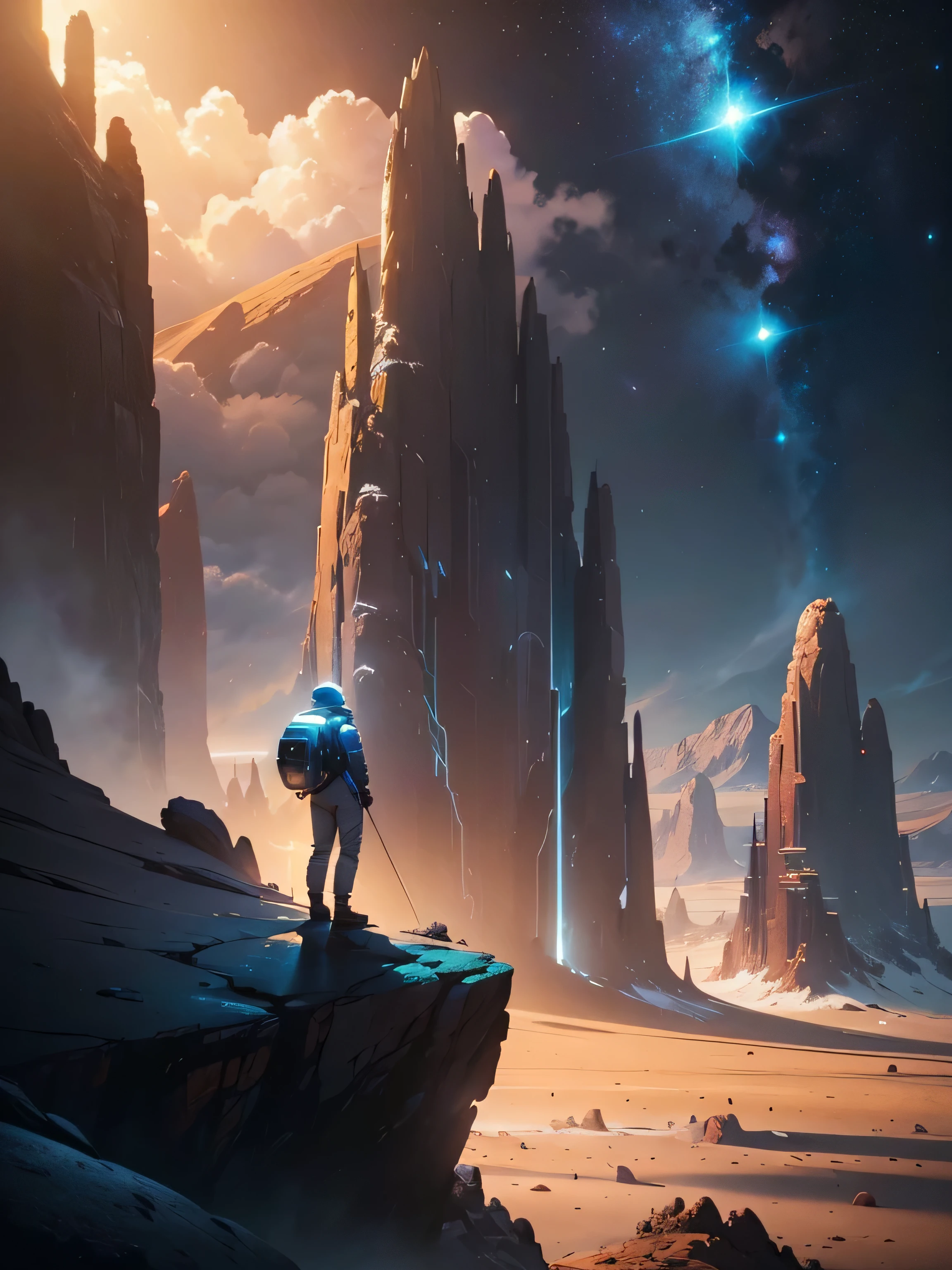 a man in a space suit standing on a rocky hill, jessica rossier fantasy art, inspired by jessica rossier, jessica rossier color scheme, by jessica rossier, stunning alien landscape, cinematic beeple, bastien grivet, amazing alien landscape, beeple and tim hildebrandt, beeple and jean giraud, alien breathtaking landscape