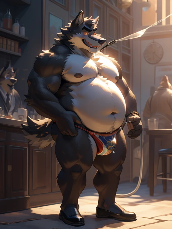 Morbid obesity, ((Masterpiece)),((Hight quality)),((Hught Detailed)),((Realistic,)) Anime Artistic masterpiece art, Morbid Obese Mr. Wolf (Bad guys), Anatomy of character, Sumo wrestler Furry character, and tiny thong, Anime cool Furry character, full body picture, He is Mr. Wolf from the movie The Bad Boys, he is trapped in a container with his hands tied and with a hose connected to his mouth that pumps butter that makes his entire body begin to gain weight and swell, blob, his arms become fat and flabby, his belly big and round, his legs fat and flabby, that causes him to get excited