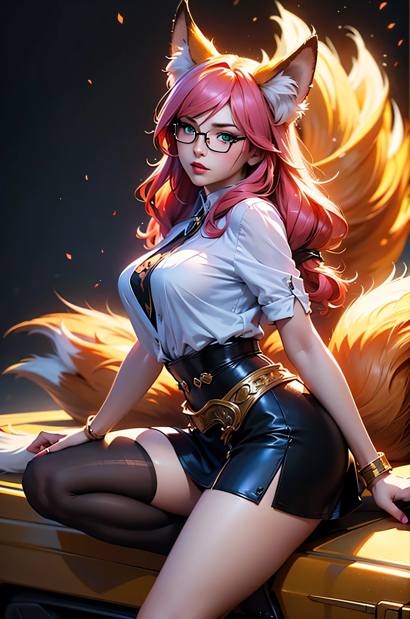 On top of the hood of luxurious car sitting a female kitsune in seductive pose, she have red long hair with pink highlights, charming green eyes. tasty red lips, she dressed in unbutton blouse, black short skirt high stoking and snickers, also she wear glasses, she have four gorgeous magic fox tails, (ultra high quality fantasy art, anime fantasy style, masterpiece, ultra high quality character design, 8k quality anime art, realistic anime art, top quality wallpaper illustration, detailed ultra high quality accurate face, high quality design and accurate physic)