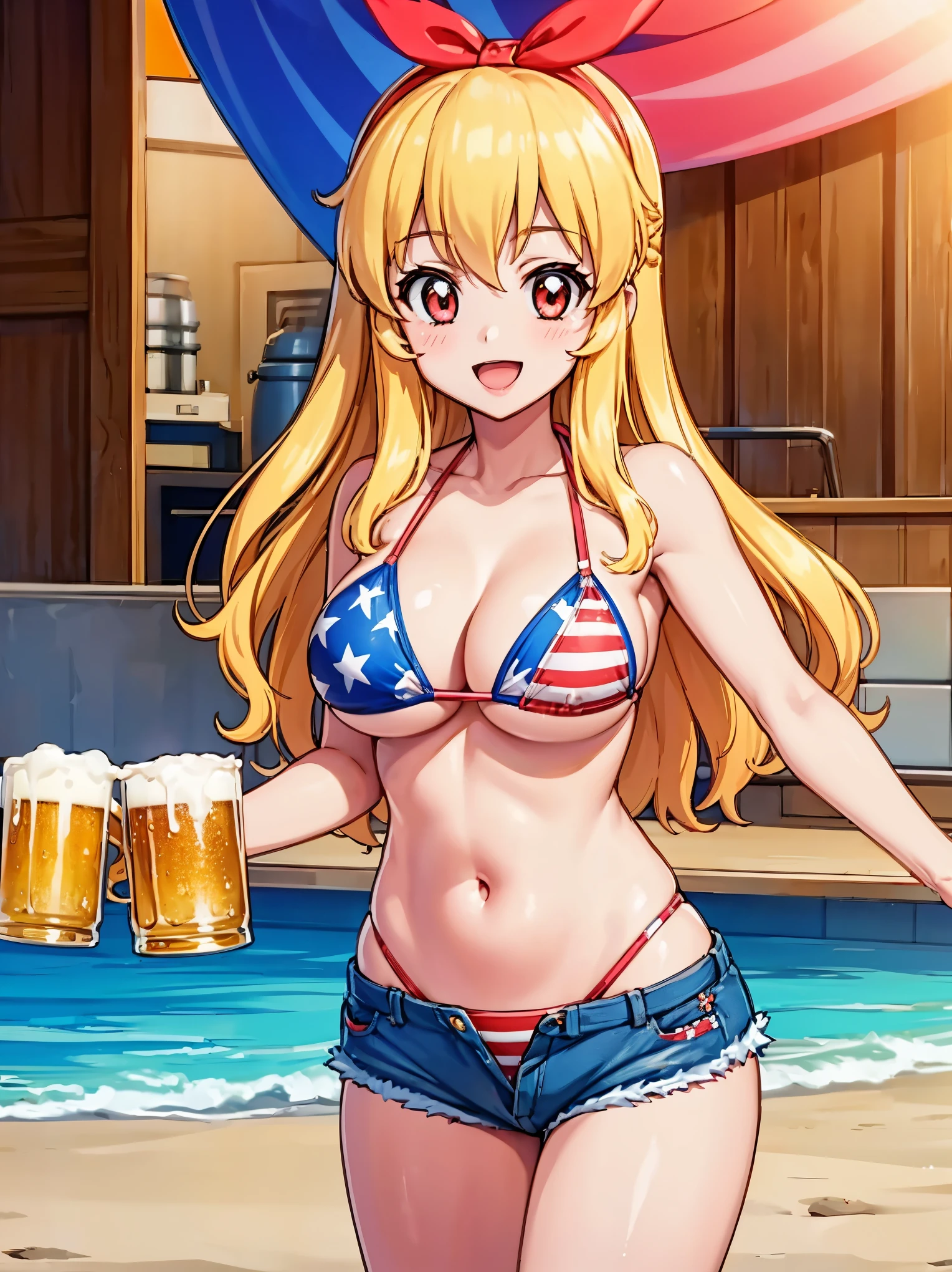 an illustration of a hot girl holding two beers on a beach at night, 1girl, breasts, solo, american flag bikini, flag print, swimsuit, nipples, bikini, shorts, blonde hair, kay (girls und panzer), large breasts, smile, open mouth, long hair, beer, navel, mug, beer mug, short shorts, cup, bikini lift, looking at viewer, bikini top only, blush, alcohol