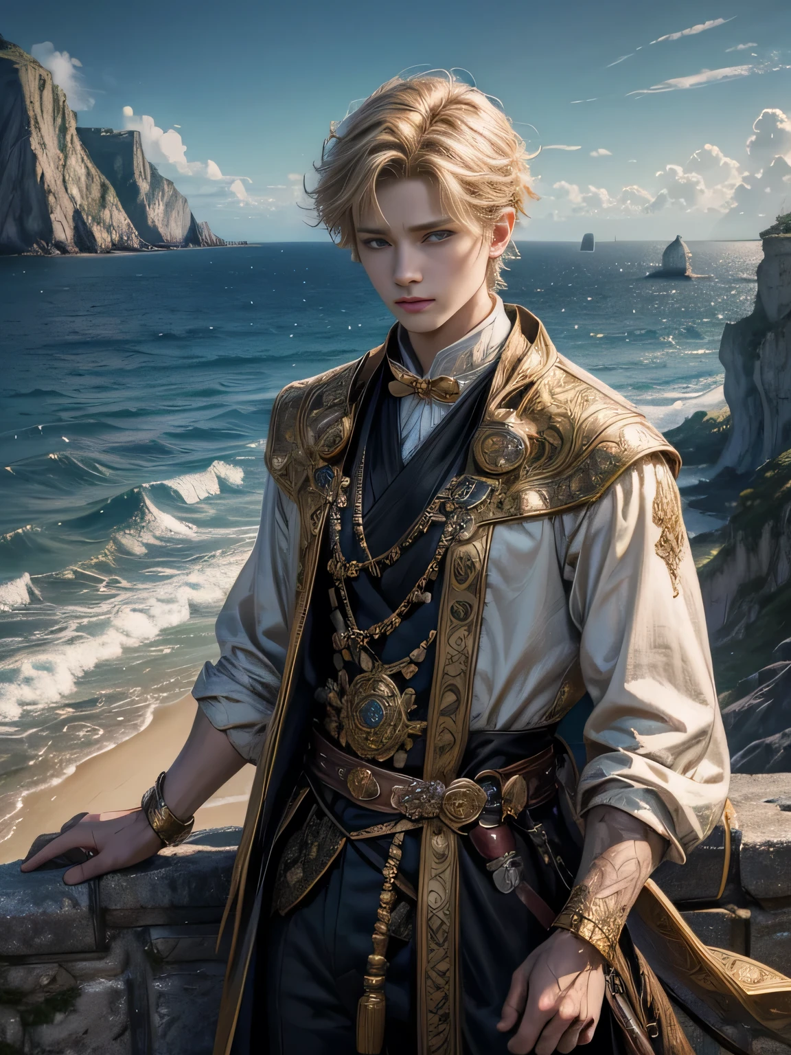 (Absurd, High resolution, Very detailed, High resolution), masterpiece, Intricate details,顔のIntricate details, Characters with attention to detail,Face looking towards you,mysterious，three of wands,Fantasy，Young Man，Boy,Distant view of the sea，On the Cliff，Blonde