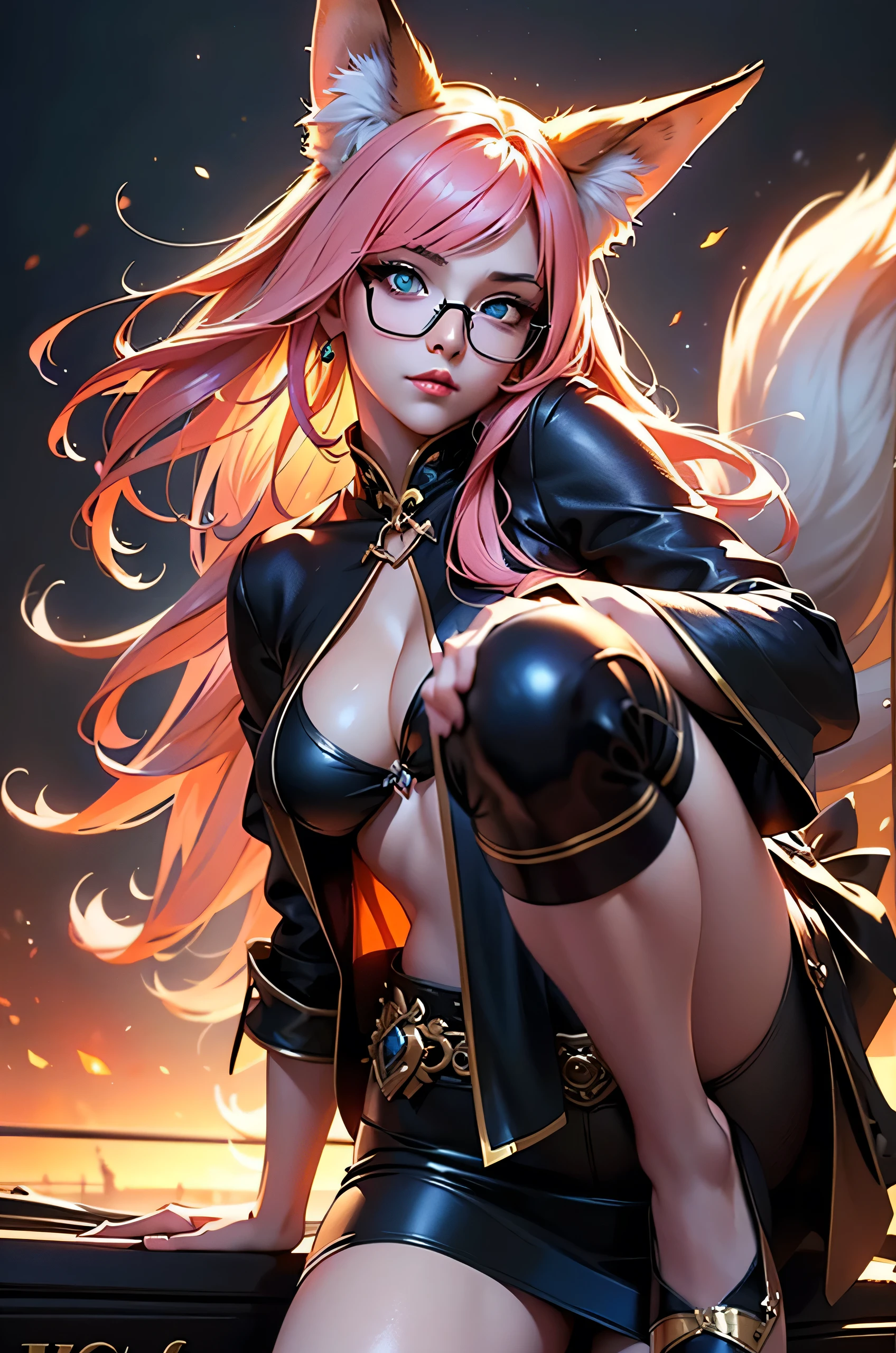 On top of the hood of luxurious car sitting a female kitsune in seductive pose, she have red long hair with pink highlights, charming green eyes. tasty red lips, she dressed in unbutton blouse, black short skirt high stoking and snickers, also she wear glasses, she have four gorgeous magic fox tails, (ultra high quality fantasy art, anime fantasy style, masterpiece, ultra high quality character design, 8k quality anime art, realistic anime art, top quality wallpaper illustration, detailed ultra high quality accurate face, high quality design and accurate physic)