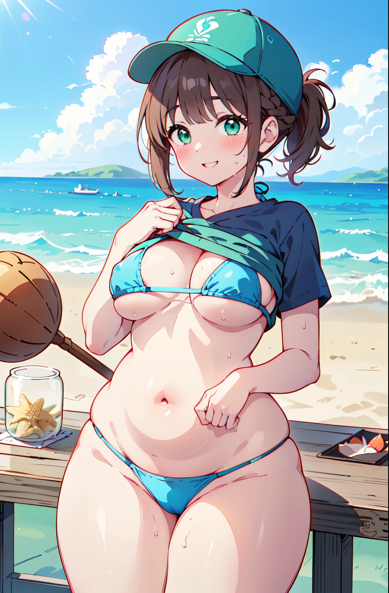 ((Table t○p, highest quality, Hi-Res Lucifer,Anime Screen Capture、Pixel Perfect, 8k、nsfw)))、((Black baseball cap))、Perfect Anatomy、Miyu Kato、upper body、((((Large Breastaintenance Staff、Chubby、Wide Hips、Thick thighs)))、(((Single Braid Ponytail)))、(((short hair、Long sideburns、Brown Hair)))、(((Shirt lift、White T-shirt)))、Light blue bikini、Sweat,(Green Eyes)、 ((Embarrassing、smile、blush))、(Beach)、