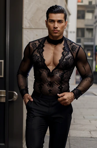 Handsome Latin man glamor modern fashion BLACK TIME PALETO suit black lace athletic wear sexy black lace pop star bare chest transparent and tulle. . tight lace pants showing muscles TRANSPARENT