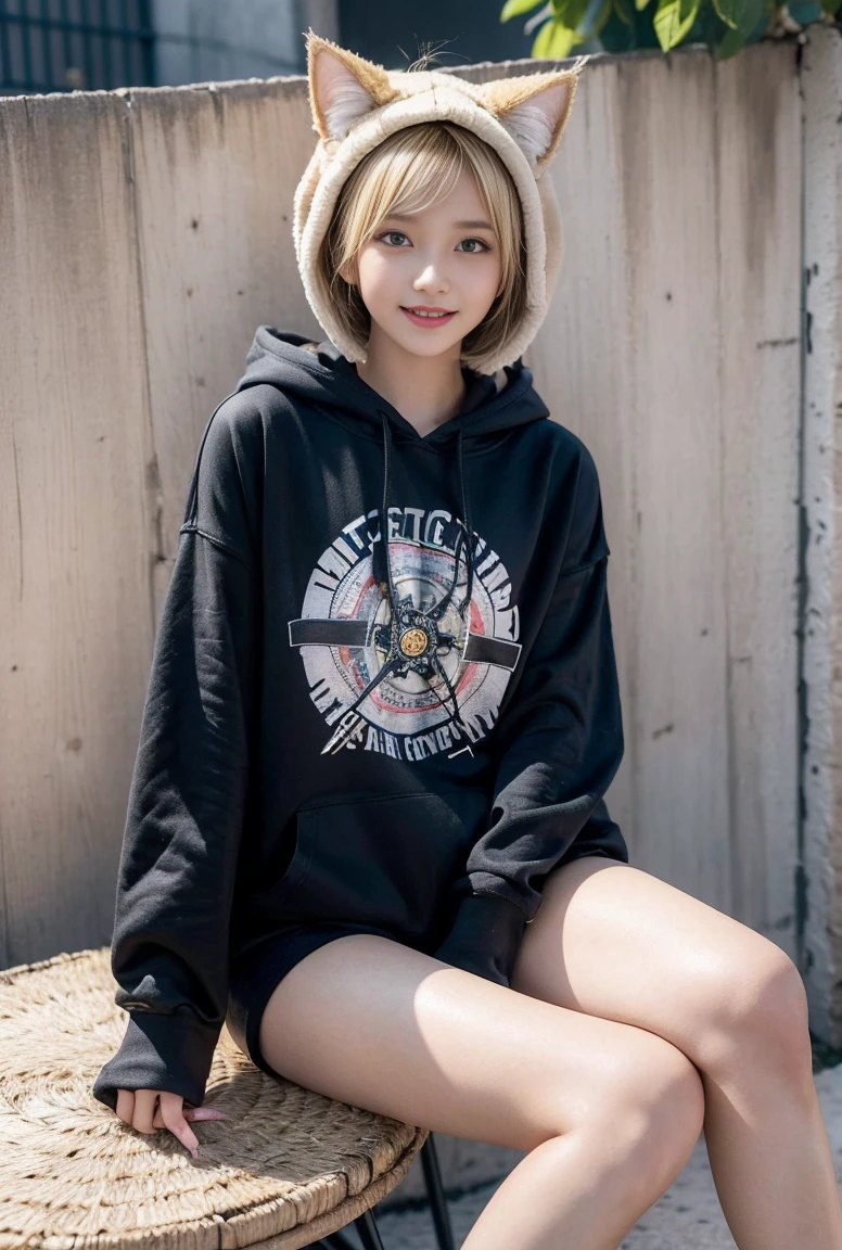 (masterpiece), (best quality), (illustration), (Super detailed), (high resolution), absurd, A girl, (Kagamine wheel), (singing), Smile, short hair, Hairpin, (cat ear hoodie), Wear a hoodie, Cute Sleeves, blush, Black shorts, (Blonde), (Number 02 tattoo on left arm), Very cute girl, small, young, Beautifully, outdoor, Focus on girls