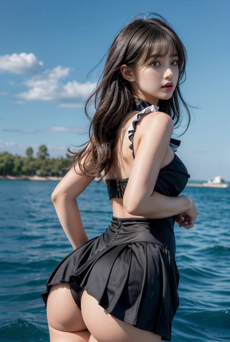 National Foundation,((masterpiece)),(((best quality))),((Extremely detailed)),((((Practical)))),((Messy hair)),((Ruffles)),(1 girl),(Solitary),Have sex from behind, (((Ass Focus))),,lipstick,Dynamic angle,Large sleeves,floating,Beautiful detailed sky,Beautiful and detailed water,Beautiful and delicate eyes,Overexposure,(fist),Poker face,Blunt side bangs,Hair between eyebrows,ribbon,bow tie,Buttons,Bare shoulders,(((Small Breasts))),Detailed wet suit,Two eyes straight,Pleated Skirt,Flowers