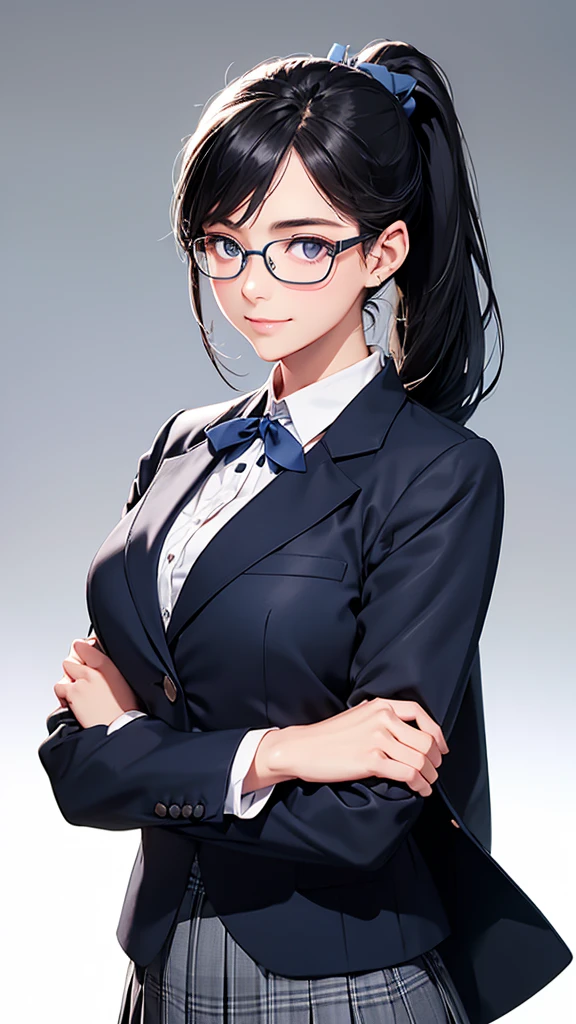 highest quality、Realistic、Women、zoom、cute、Grey Eyes、Black Hair、ponytail、Navy blue blazer、White blouse、Ribbon、Blue checked pleated skirt、Glasses、Arms crossed、Glare、Looking down、smile、Bust Shot、