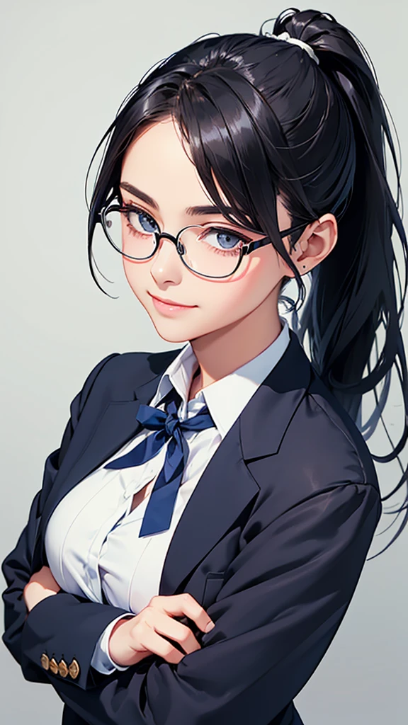 highest quality、Realistic、Women、zoom、cute、Grey Eyes、Black Hair、ponytail、Navy blue blazer、White blouse、Ribbon、Blue checked pleated skirt、Glasses、Arms crossed、Glare、Looking down、smile、Bust Shot、