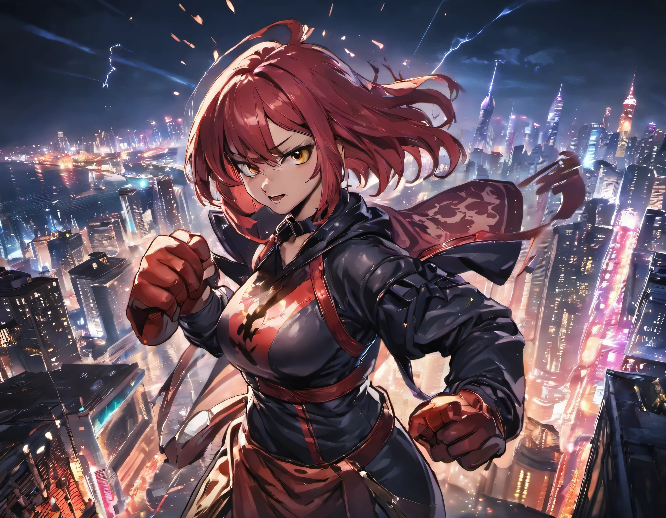 A nighttime city skyline, bustling city in the background, cinematic lighting, surreal 8K, masterpiece, ultra-detailed, best quality, 4K wallpaper, award-winning art, official art