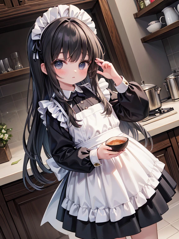 masterpiece, highest quality, Very detailed, 16k, Ultra-high resolution, Cowboy Shot, Detailed face, Perfect Fingers, 4 year old girl, black eye, Black Hair, Long Hair, Black maid outfit, Inside the Western-style building, kitchen, Cooking