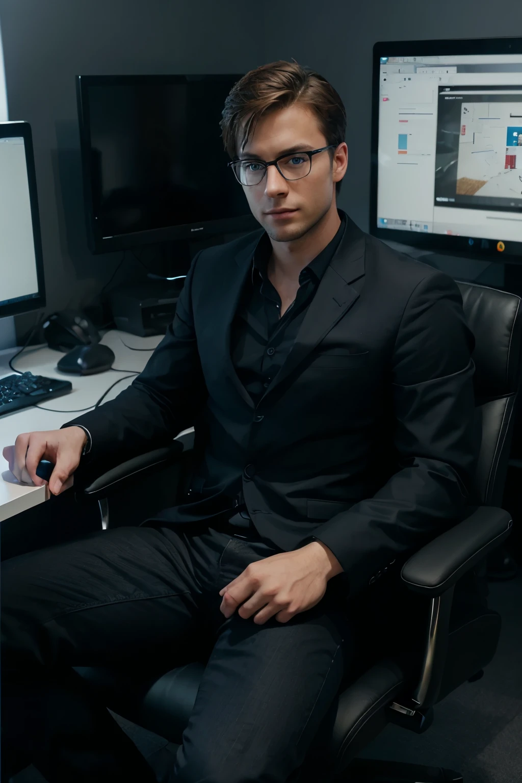 create an image of a handsome young blue-eyed executive with ordinary glasses black watch perfect hands sitting inside his technology room sitting on a Gaming Chairs chair creating a website on a black notebook on top of a Gaming table