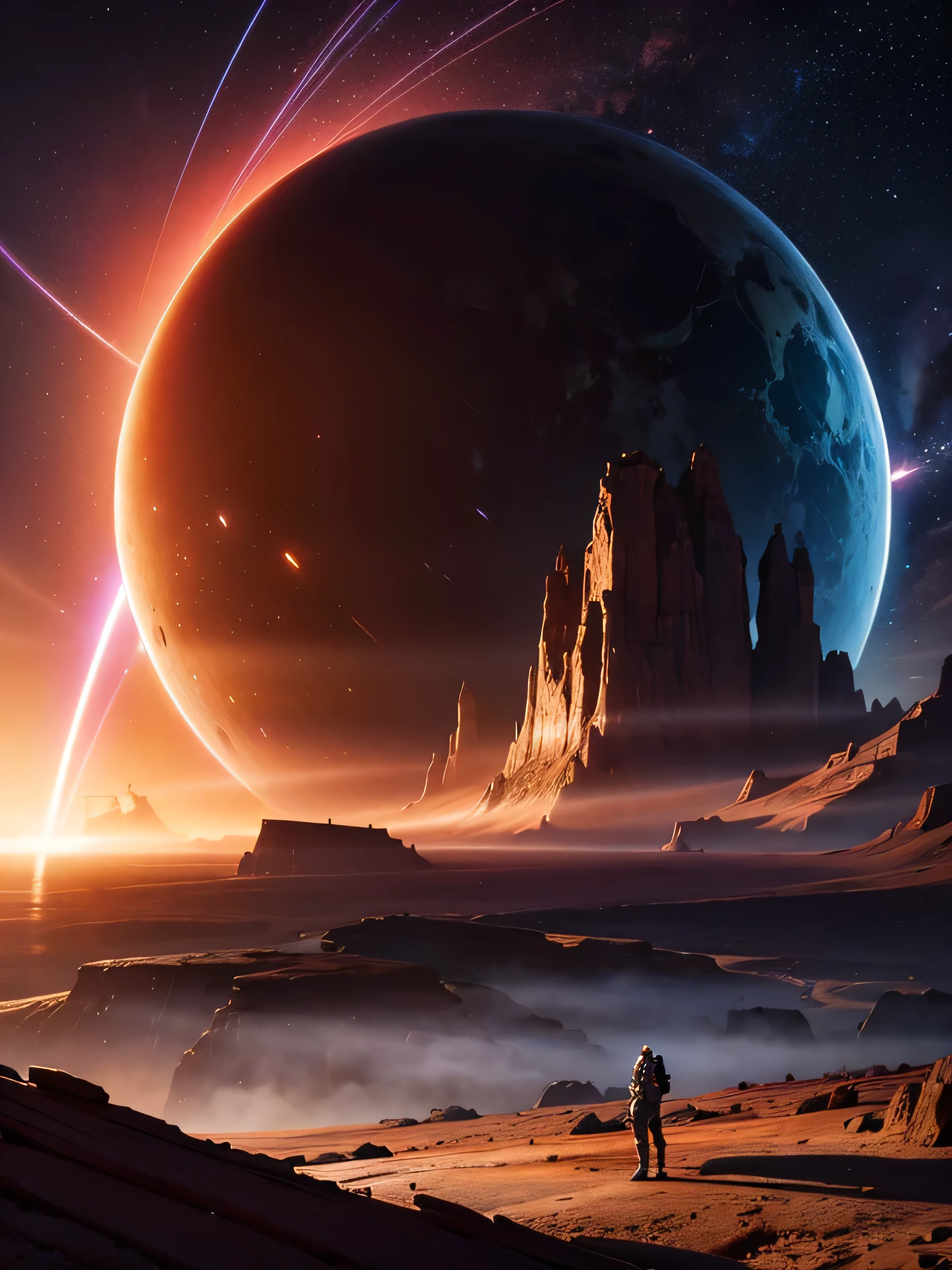 a man in a space suit standing on a cybernetic earth with a red light inside, scientific earth crust, the earth sprouts lava, earth covers lightly, whole earth, the earth, hollow earth, earth outside, vtm, the planet is warm with canyons, earthy, the planet, the stars and galaxy in the background, jessica rossier fantasy art, inspired by jessica rossier, jessica rossier color scheme, by jessica rossier, stunning alien landscape, cinematic beeple, bastien grivet, amazing alien landscape, beeple and tim hildebrandt, beeple and jean giraud, alien breathtaking landscape,
