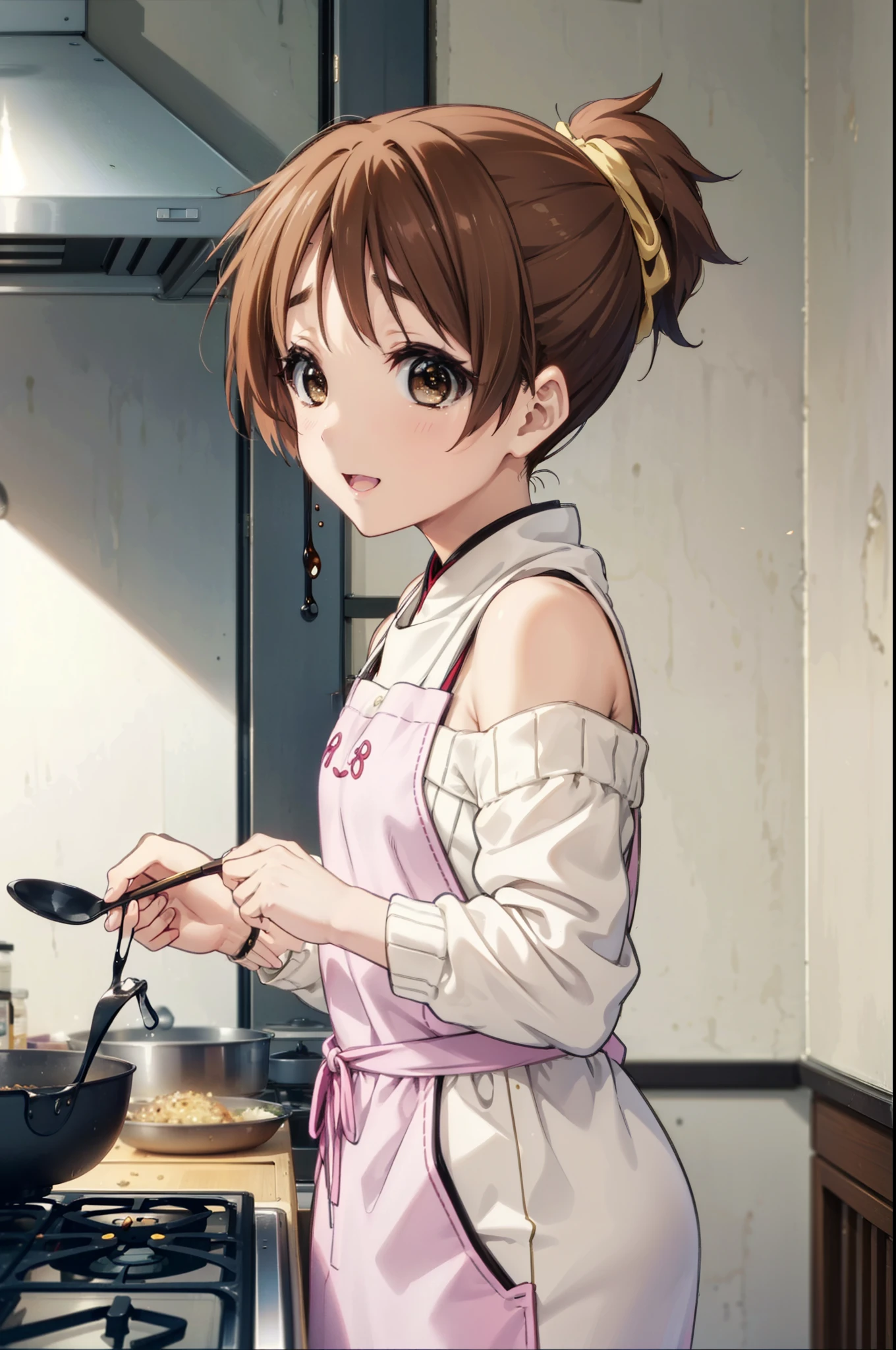 konuihirasawa, Yu Hirasawa, short hair, Brown Hair, (Brown eyes:1.5), ponytail,happy smile, smile, Open your mouth,Off-the-shoulder sweater,Long skirt,barefoot,apron,Zend 4y4, cooking, Chinese pan, fire, fried rice, Stove, フレームから足が外れている
break indoors, kitchen,
break looking at viewer, (Cowboy Shot:1.5),
break (masterpiece:1.2), highest quality, High resolution, unity 8k wallpaper, (shape:0.8), (Beautiful details:1.6), Highly detailed face, Perfect lighting, Highly detailed CG, (Perfect hands, Perfect Anatomy),