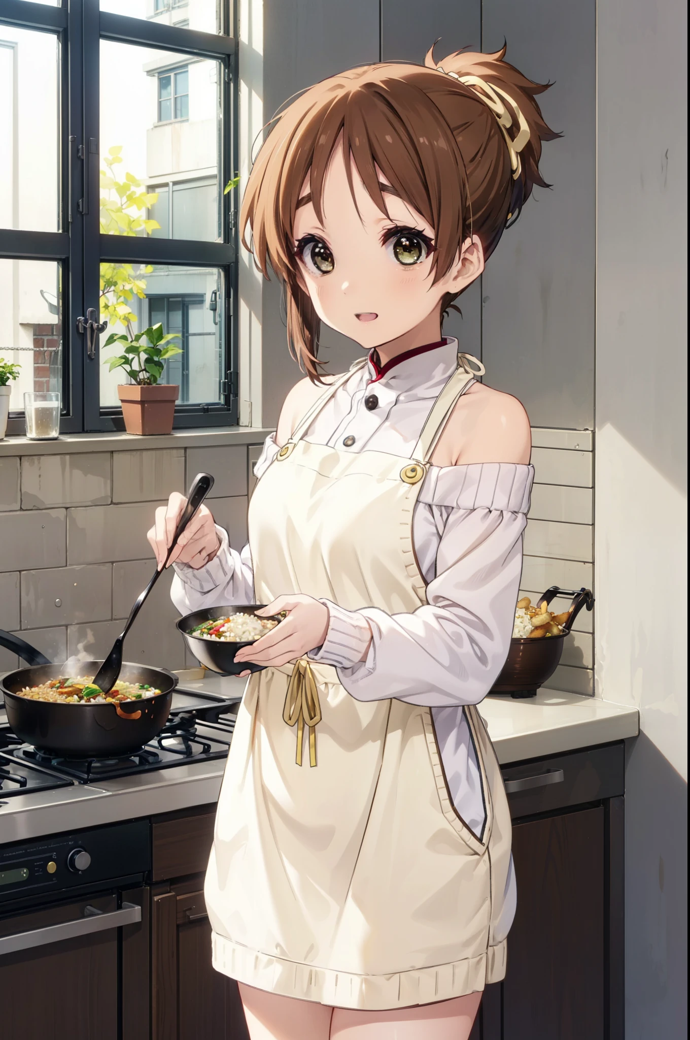 konuihirasawa, Yu Hirasawa, short hair, Brown Hair, (Brown eyes:1.5), ponytail,happy smile, smile, Open your mouth,Off-the-shoulder sweater,Long skirt,barefoot,apron,Zend 4y4, cooking, Chinese pan, fire, fried rice, Stove, フレームから足が外れている
break indoors, kitchen,
break looking at viewer, (Cowboy Shot:1.5),
break (masterpiece:1.2), highest quality, High resolution, unity 8k wallpaper, (shape:0.8), (Beautiful details:1.6), Highly detailed face, Perfect lighting, Highly detailed CG, (Perfect hands, Perfect Anatomy),