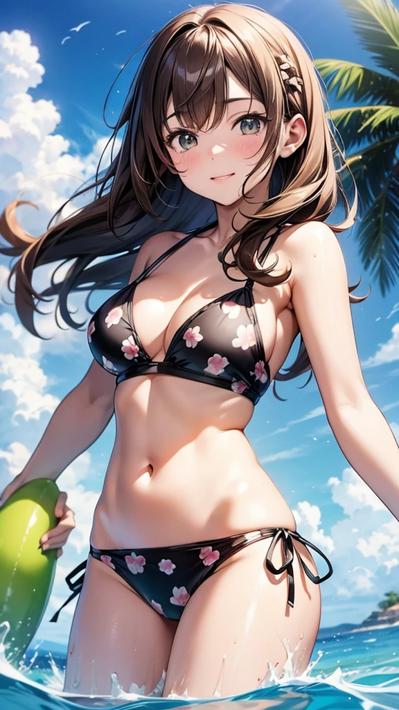 Maki: ore no imouto ga konna ni kawaii wake ga nai, 25-yers-old girl with wavy brown hair wearing 2 piece green spial pattern bikini, lighthouse background