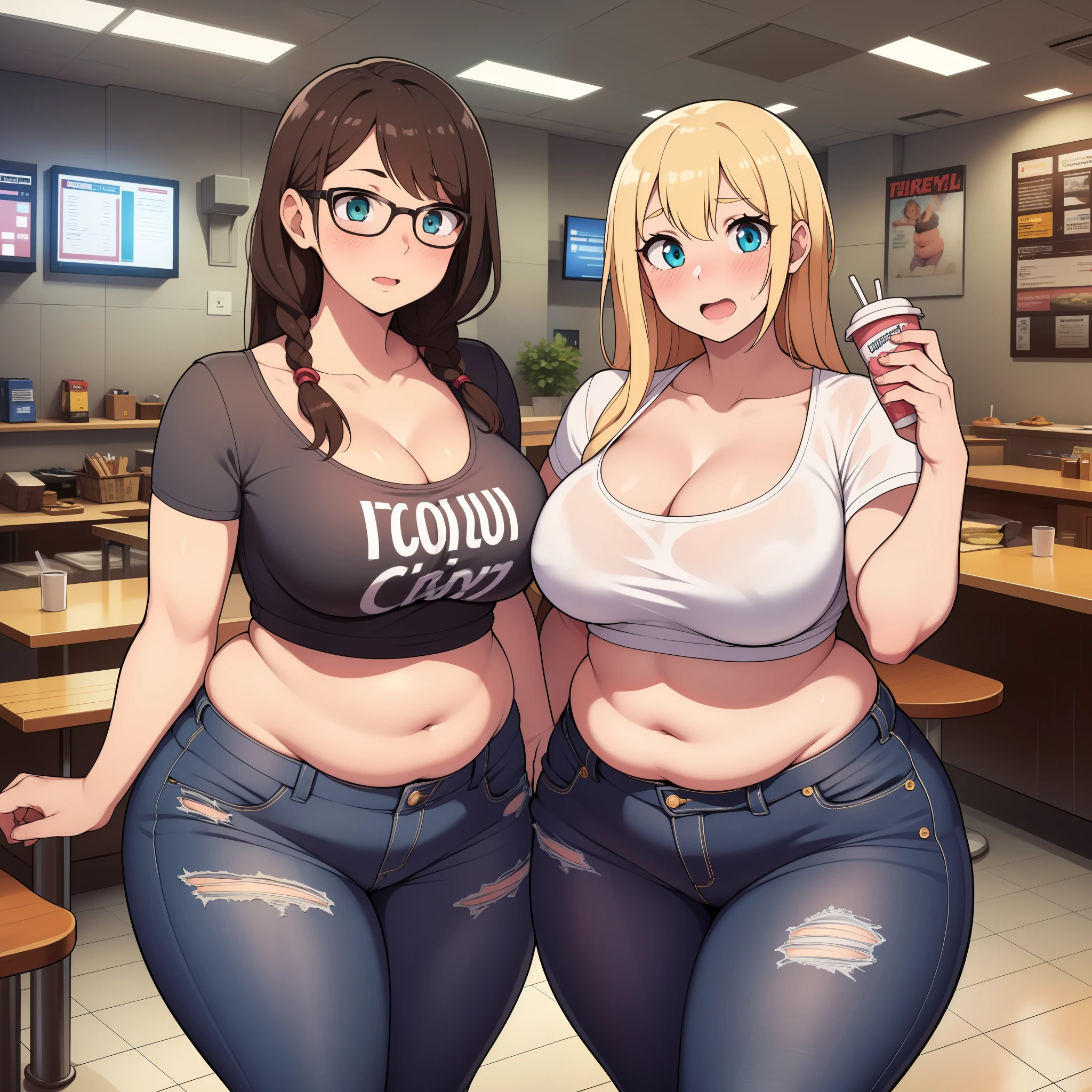 ((highres)), Masterpiece, high quality, best quality, beautiful, perfect lighting, detailed face, ultra cute face, ((2girls)), ((blush)), embarrassed, one girl has blonde hair, blue eyes, crop top and shorts, skindentation, one girl has brown hair, green eyes, jeans, white shirt, tight clothes, one girl has, full body, fast food restaurant, cleavage, medium breasts, ((wide hips)), (thick thighs), ((plump)), pudgy belly, fat folds, standing,