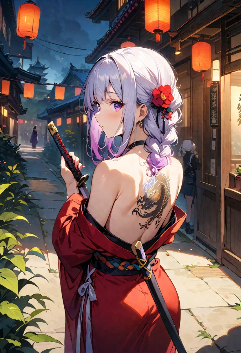 masterpiece, Top quality, best quality, Official Art, beautiful and aesthetic:1.2),1 Girl, yinji, purple hair, purple eyes, long hair, white hair, double braids, gradient hair, Tattoo, Solitary, Japanese clothes, Red and black kimono, Hair accessories, unsheathing, sheath, back Tattoo, dragon Tattoo, Off-shoulder, Bare shoulders, look back, From the back, flower, looking at the audience, Keep, cosmetic, outdoor,