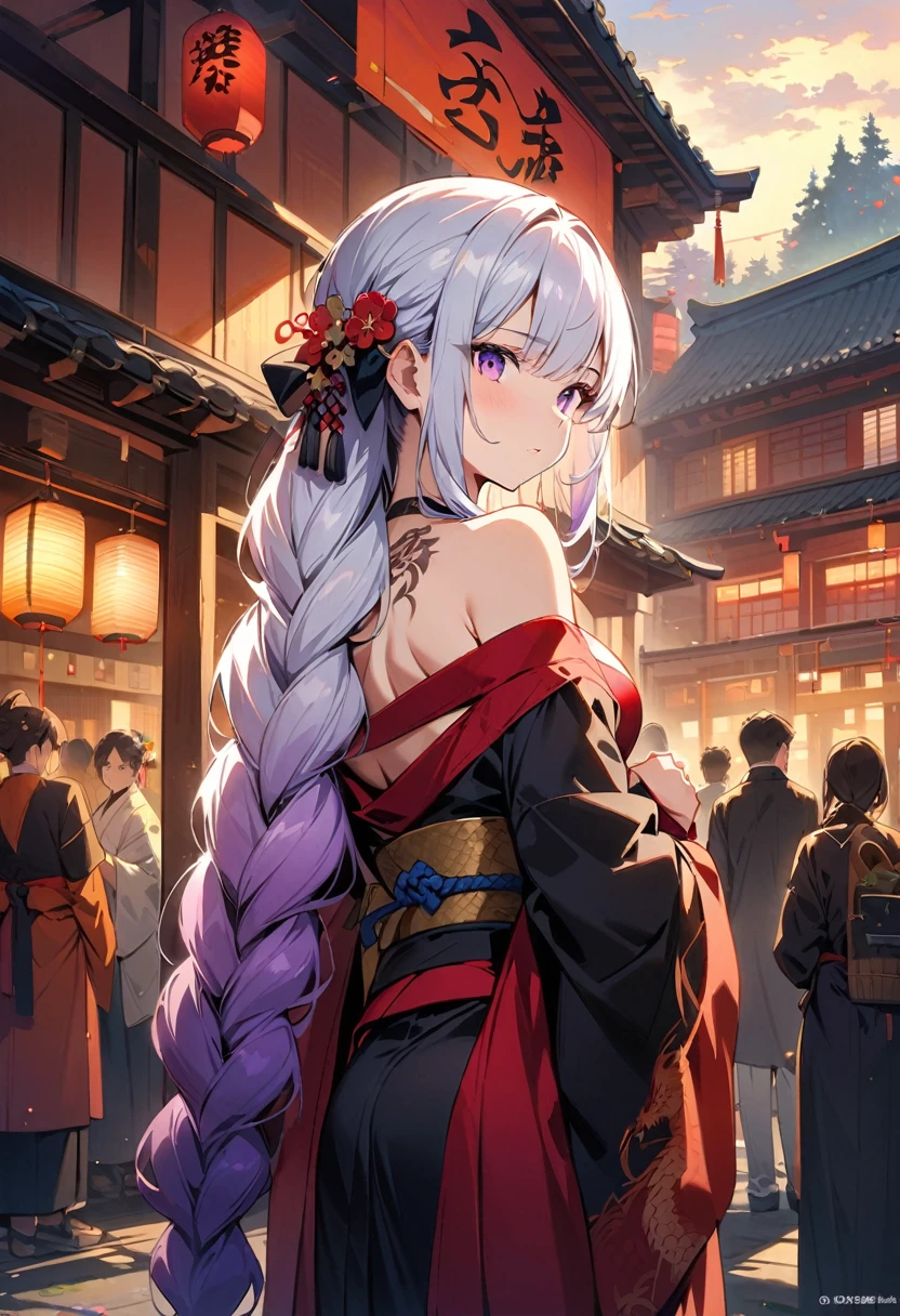masterpiece, Top quality, best quality, Official Art, beautiful and aesthetic:1.2),1 Girl, yinji, purple hair, purple eyes, long hair, white hair, double braids, gradient hair, Tattoo, Solitary, Japanese clothes, Red and black kimono, Hair accessories, unsheathing, sheath, back Tattoo, dragon Tattoo, Off-shoulder, Bare shoulders, look back, From the back, flower, looking at the audience, Keep, cosmetic, outdoor,