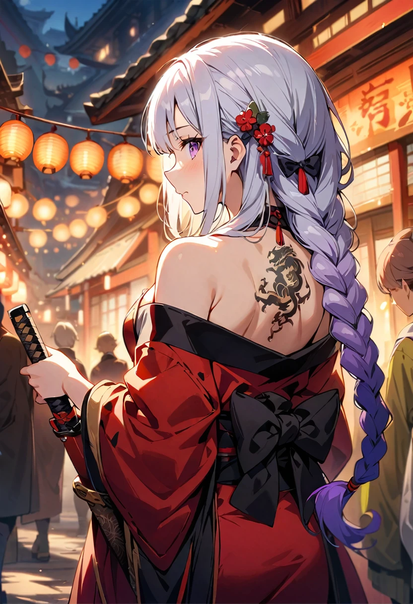 masterpiece, Top quality, best quality, Official Art, beautiful and aesthetic:1.2),1 Girl, yinji, purple hair, purple eyes, long hair, white hair, double braids, gradient hair, Tattoo, Solitary, Japanese clothes, Red and black kimono, Hair accessories, unsheathing, sheath, back Tattoo, dragon Tattoo, Off-shoulder, Bare shoulders, look back, From the back, flower, looking at the audience, Keep, cosmetic, outdoor,