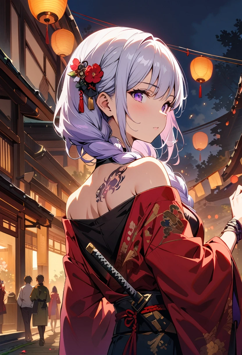 masterpiece, Top quality, best quality, Official Art, beautiful and aesthetic:1.2),1 Girl, yinji, purple hair, purple eyes, long hair, white hair, double braids, gradient hair, Tattoo, Solitary, Japanese clothes, Red and black kimono, Hair accessories, unsheathing, sheath, back Tattoo, dragon Tattoo, Off-shoulder, Bare shoulders, look back, From the back, flower, looking at the audience, Keep, cosmetic, outdoor,