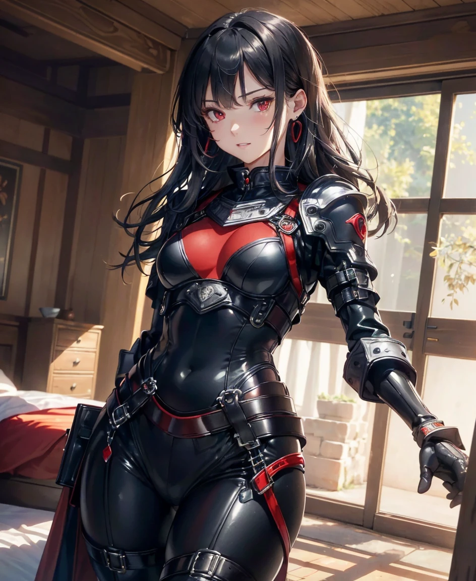 (highest quality,4K,8k,High resolution,masterpiece:1.2),Super detailed,(Realistic,photoRealistic,photo-Realistic:1.37), A Japanese female fighter with a slim build and small face, cute, 1 girl, 18-year-old, Super short black hair, A tight-fitting combat suit in shiny black with a patent leather finish, Tight suit, gloves, Steel City Background, Night lighting, Browsing Caution, Your thorns, Black Hair, (Red eyes:1.5), Earrings, 金のhair band, hair band, Long Hair, Side Lock, break lingerie, Indoor rest, bed, break looking at viewer, break (Tabletop:1.2), highest quality, High resolution, unity 8k wallpaper, (figure:0.8), (Beautiful fine details:1.6), Highly detailed face, Perfect lighting, Highly detailed CG, (Perfect hands, Perfect Anatomy), (Open your legs and show off)、(View from below)、Laughter、Luxury furniture on bedroom background、Embarrassed expression、Blushed、Open your mouth a little,