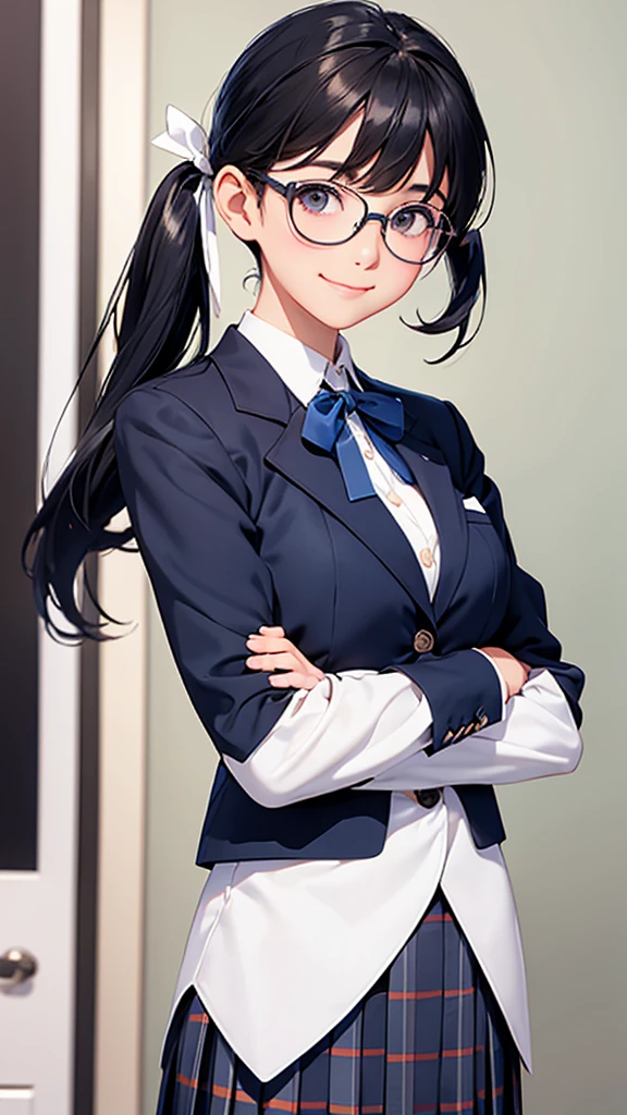 highest quality、Realistic、Women、zoom、cute、Grey Eyes、Black Hair、Twin tails、Navy blue blazer、White blouse、Ribbon、Blue checked pleated skirt、Glasses、Arms crossed、smile、Looking down、smile、Bust Shot、