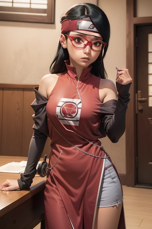 Sarada, Cabelo preto curto , olhos pretos, and with red glasses , nova com uma tez de pele clara , tem 18 anos , Esse ganho de peso , Parte superior do corpo , Seios gordinhos e gordinhos , Use uma roupa shinobi , It is in the dining hall of Shinobi Academy 