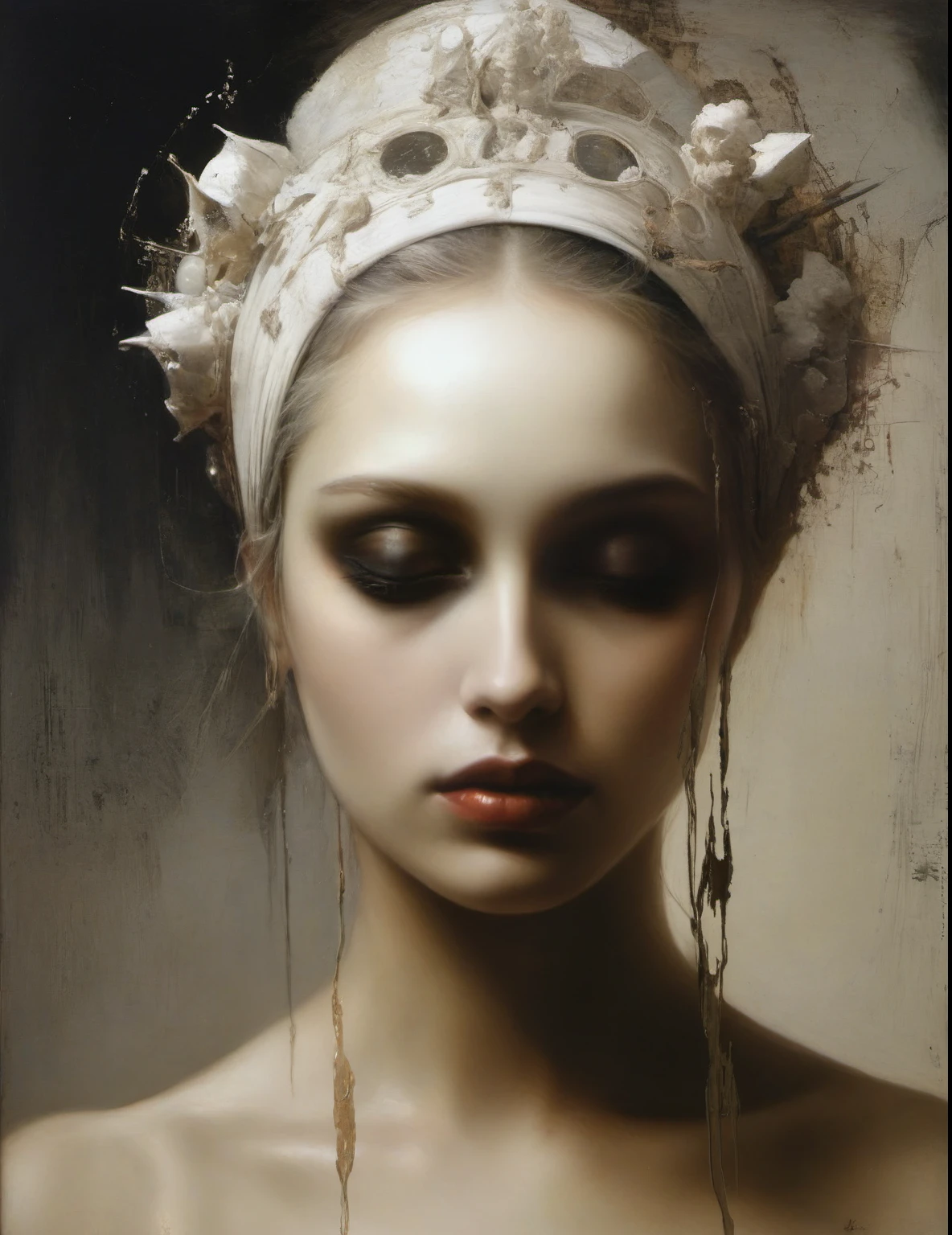 James Gurney, Surrealist art , dream-like, Mysterious, Provocative, symbolic, Complex, detailed,, (Gothic but very beautiful:1.4), (masterpiece, highest quality:1.4) , Nicola Samori Style, Laputa, Beautiful woman face