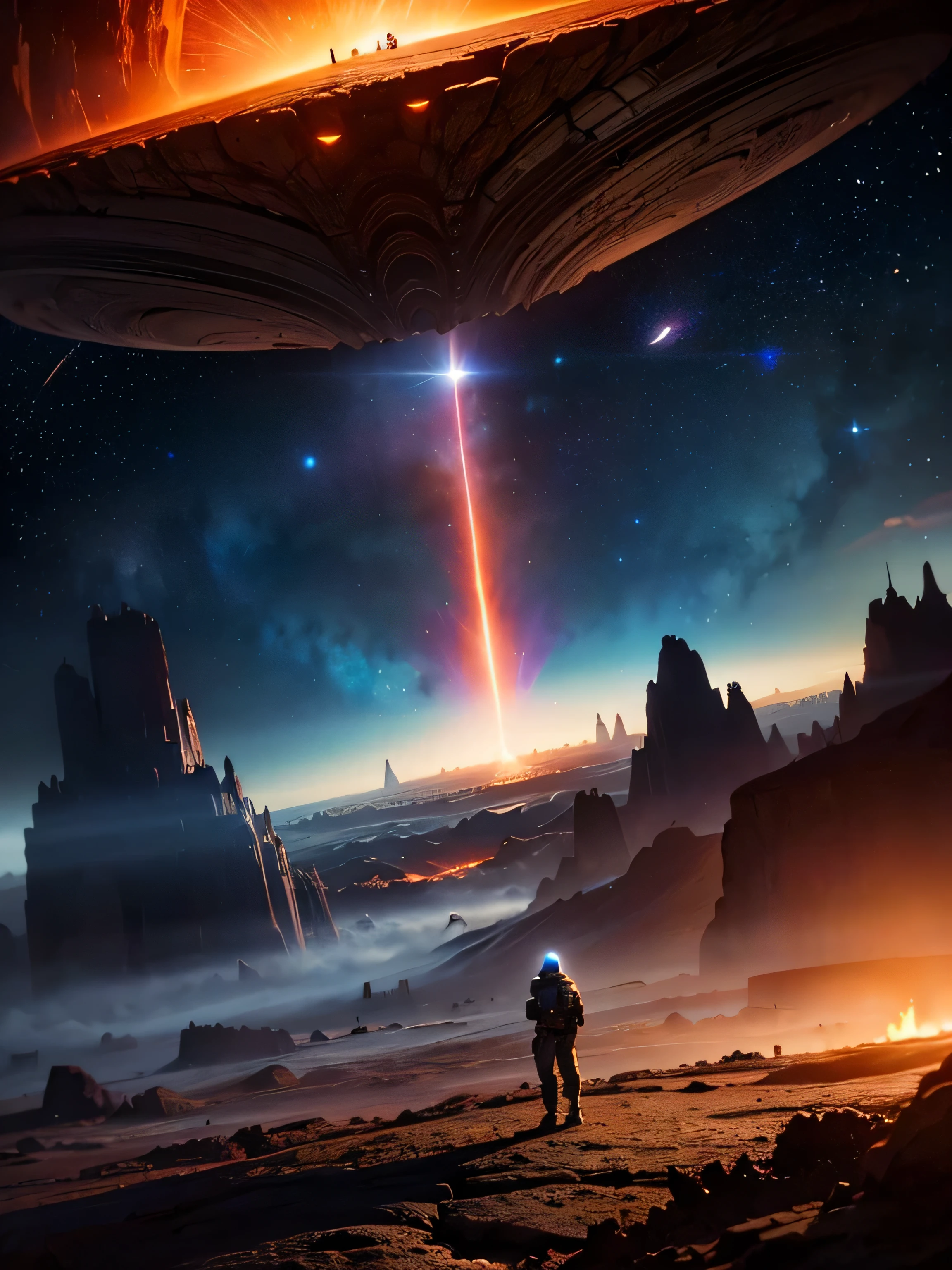 a man in a space suit standing on a cybernetic earth with a red light inside, scientific earth crust, the earth sprouts lava, earth covers lightly, whole earth, the earth, hollow earth, earth outside, vtm, the planet is warm with canyons, earthy, the planet, the stars and galaxy in the background, jessica rossier fantasy art, inspired by jessica rossier, jessica rossier color scheme, by jessica rossier, stunning alien landscape, cinematic beeple, bastien grivet, amazing alien landscape, beeple and tim hildebrandt, beeple and jean giraud, alien breathtaking landscape, apocolypse, end of the world
