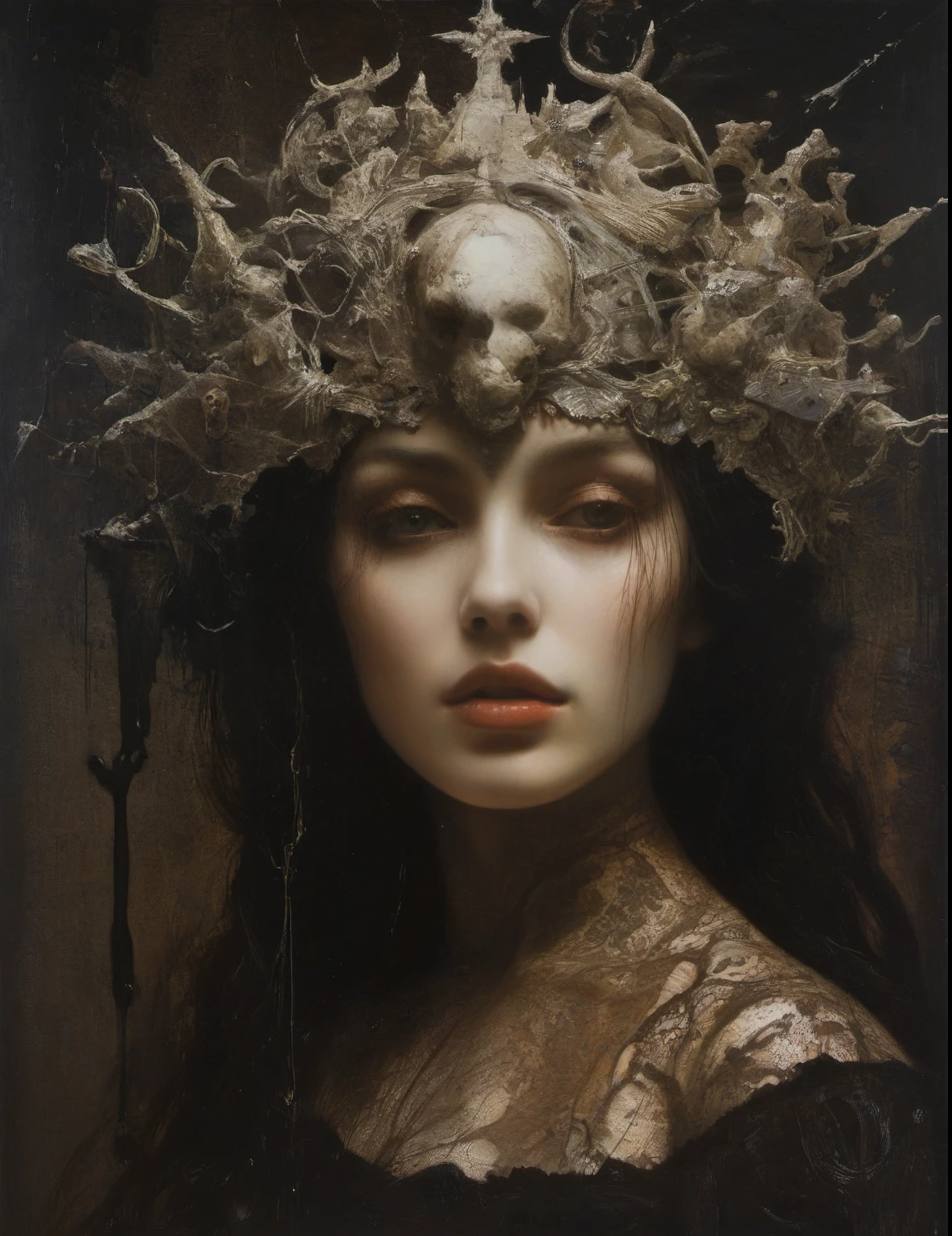 James Gurney, Surrealist art , dream-like, Mysterious, Provocative, symbolic, Complex, detailed,, (Gothic but very beautiful:1.4), (masterpiece, highest quality:1.4) , Nicola Samori Style, Laputa, Beautiful woman face