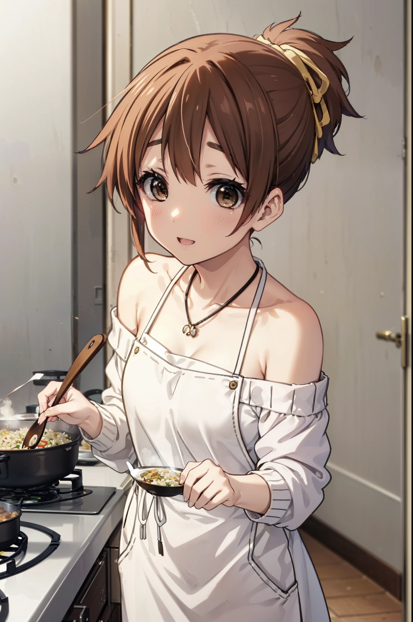 konuihirasawa, Yu Hirasawa, short hair, Brown Hair, (Brown eyes:1.5), ponytail,happy smile, smile, Open your mouth,Off-the-shoulder sweater,Long skirt,Bare shoulders,bare clavicle,Bare neck,Rocket Pendant,barefoot,apron,Zend 4y4, cooking, Chinese pan, fire, fried rice, Stove, フレームから足が外れている
break indoors, kitchen,
break looking at viewer, (Cowboy Shot:1.5),
break (masterpiece:1.2), highest quality, High resolution, unity 8k wallpaper, (shape:0.8), (Beautiful details:1.6), Highly detailed face, Perfect lighting, Highly detailed CG, (Perfect hands, Perfect Anatomy),