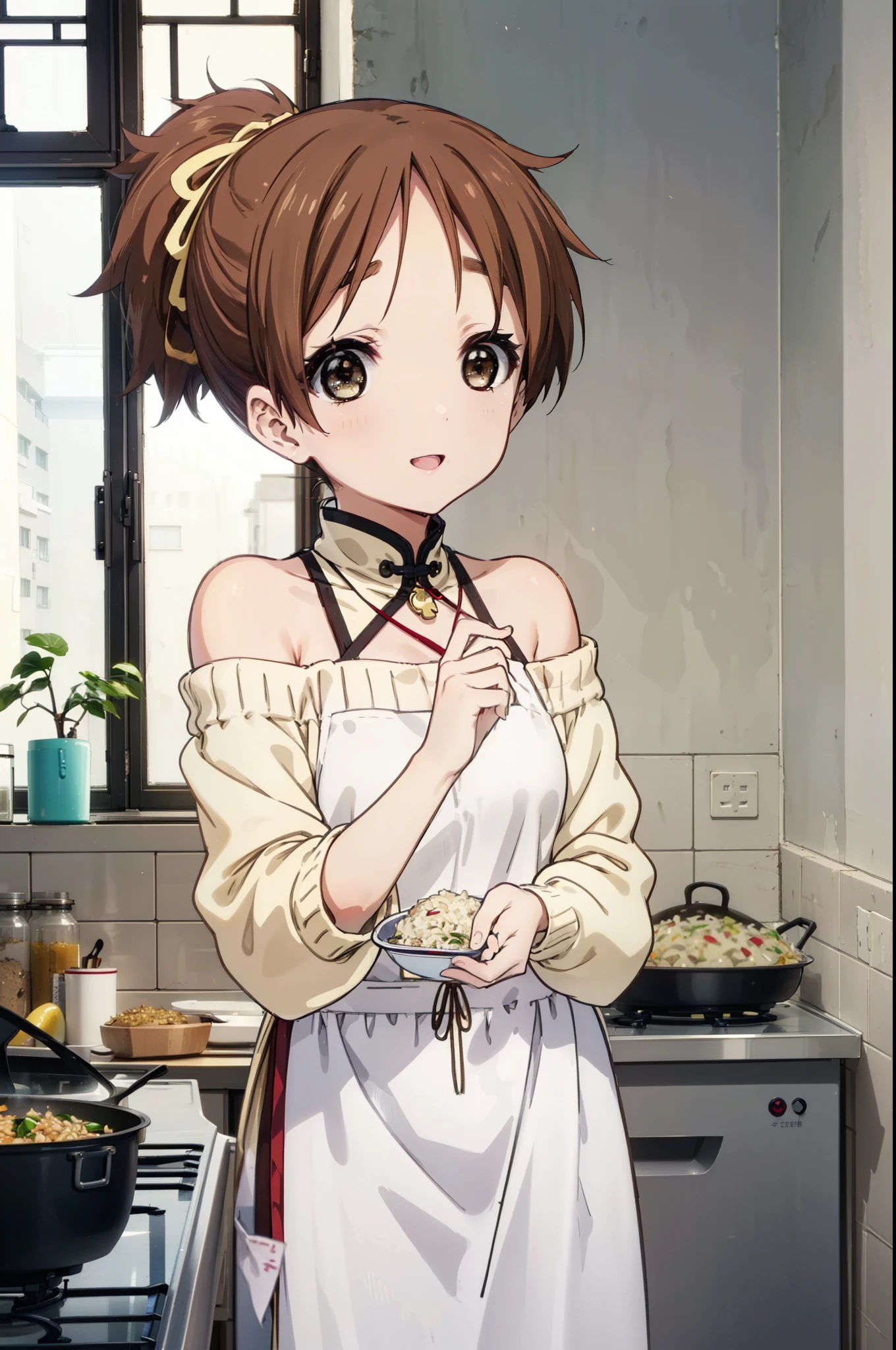 konuihirasawa, Yu Hirasawa, short hair, Brown Hair, (Brown eyes:1.5), ponytail,happy smile, smile, Open your mouth,Off-the-shoulder sweater,Long skirt,Bare shoulders,bare clavicle,Bare neck,Rocket Pendant,barefoot,apron,Zend 4y4, cooking, Chinese pan, fire, fried rice, Stove, フレームから足が外れている
break indoors, kitchen,
break looking at viewer, (Cowboy Shot:1.5),
break (masterpiece:1.2), highest quality, High resolution, unity 8k wallpaper, (shape:0.8), (Beautiful details:1.6), Highly detailed face, Perfect lighting, Highly detailed CG, (Perfect hands, Perfect Anatomy),