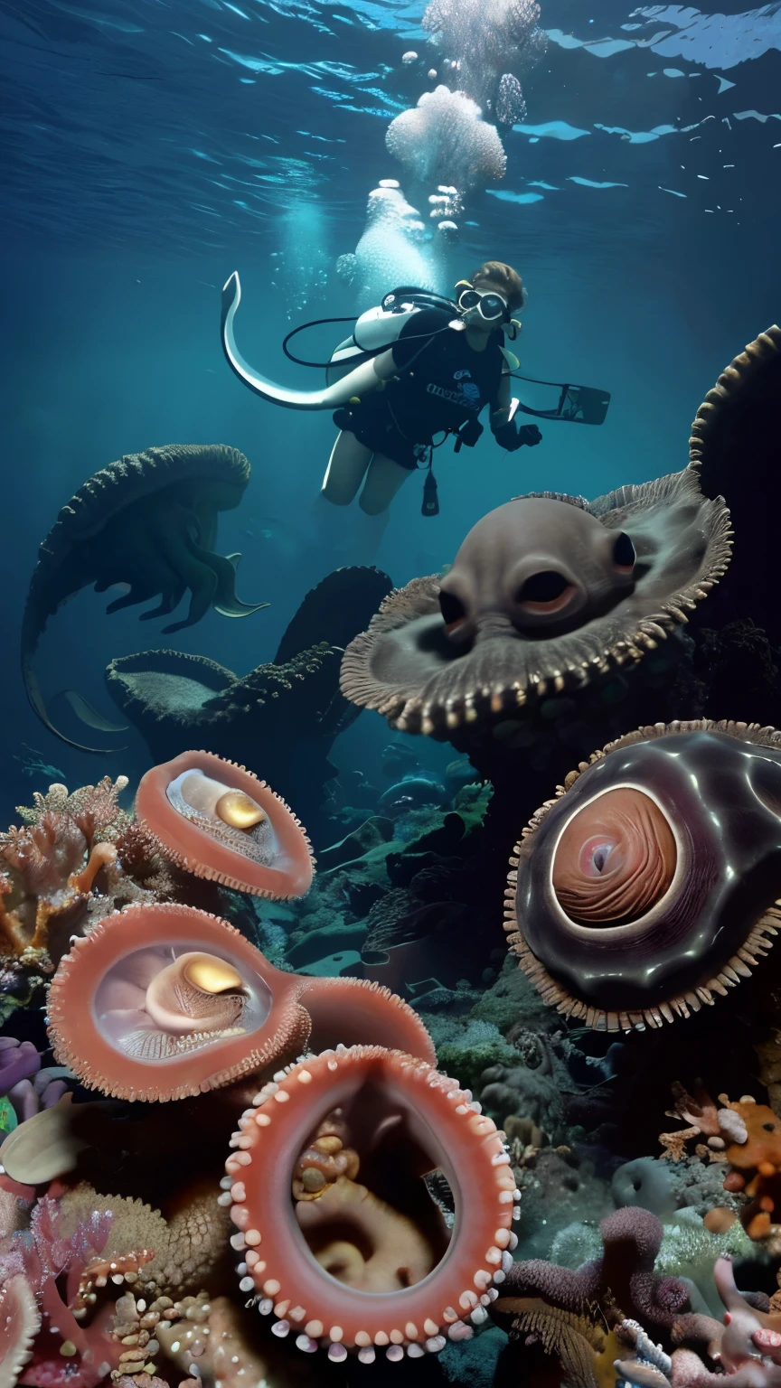 Wide angle view, real underwater world, deep sea, deep sea giants, diver, giant octopus, octopus glasses, octopus tentacles, deep sea lights, undersea creatures, mutant creatures, real photos, horror, realism, highest quality, giant creatures, a diver is diving in the deep sea, and there is a giant octopus lurking in the depths, looking at the diver with its huge eyes