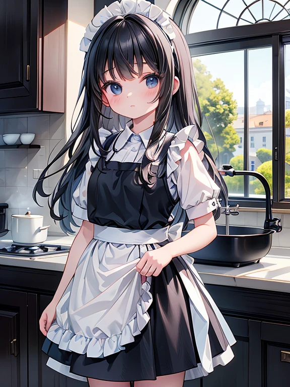 masterpiece, highest quality, Very detailed, 16k, Ultra-high resolution, Cowboy Shot, Detailed face, Perfect Fingers, 14-year-old girl, black eye, Black Hair, Long Hair, Black maid outfit, White Shirt, Inside the Western-style building, kitchen, Cooking