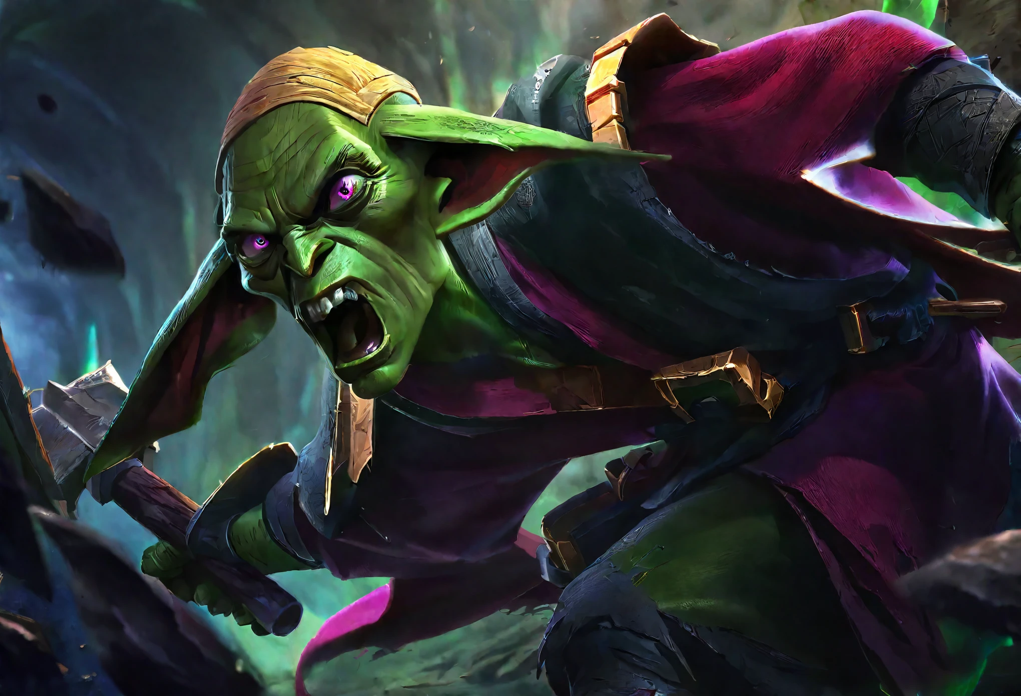a clever, vicious green goblin, big detailed eyes, long ear hair, tattered mystic robe, wielding a pickaxe, lots of mystic pouches, quickly sneaking around a cavern, cinematic lighting, surreal, dark fantasy, highly detailed, 8k, photorealistic, sharp focus, professional, vibrant colors
