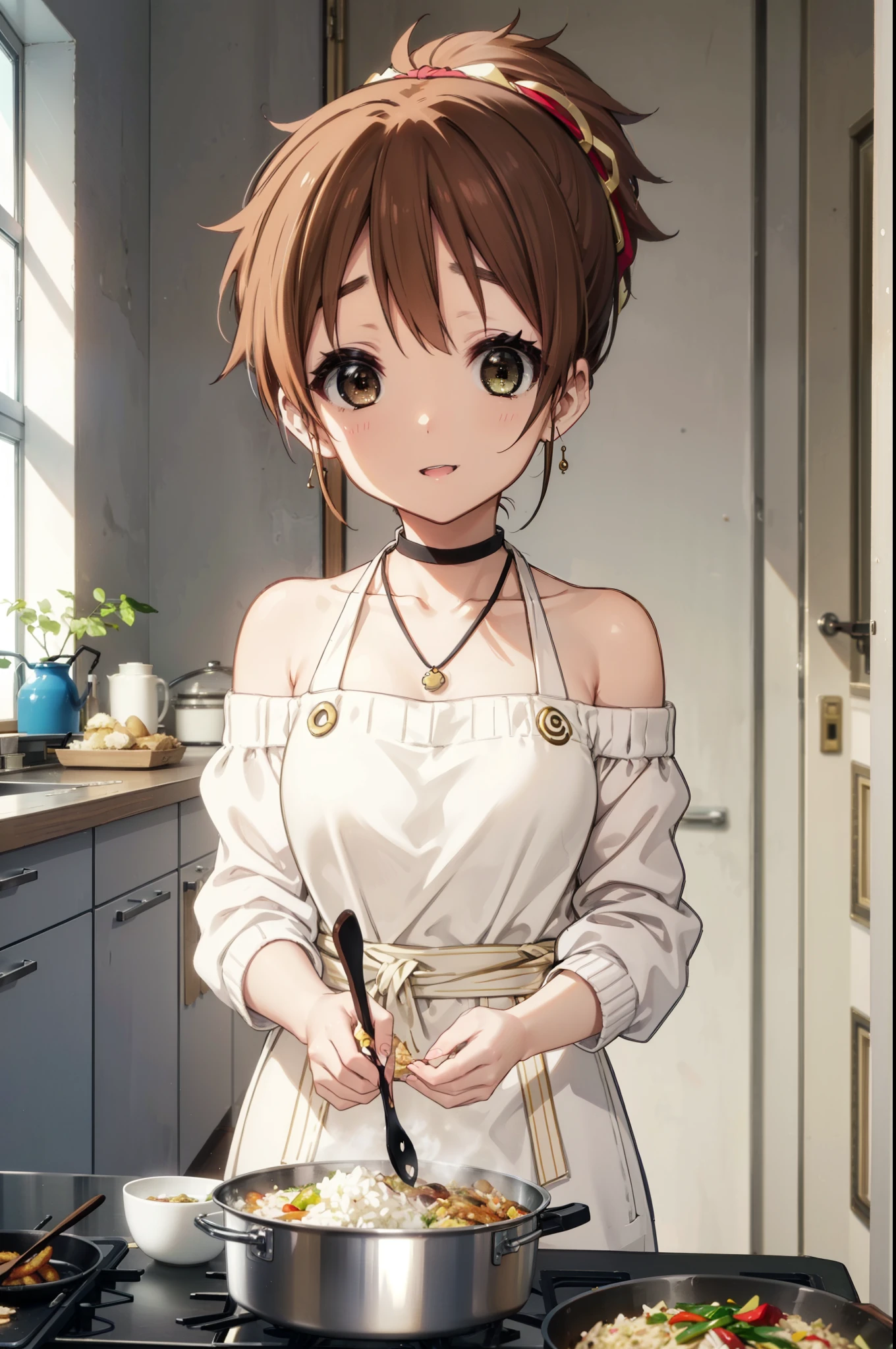 konuihirasawa, Yu Hirasawa, short hair, Brown Hair, (Brown eyes:1.5), ponytail,happy smile, smile, Open your mouth,Off-the-shoulder sweater,Long skirt,Bare shoulders,bare clavicle,Bare neck,Rocket Pendant,barefoot,apron,Zend 4y4, cooking, Chinese pan, fire, fried rice, Stove, The legs are detached from the frame,whole bodyがイラストに入るように,
break indoors, kitchen,
break looking at viewer, whole body,
break (masterpiece:1.2), highest quality, High resolution, unity 8k wallpaper, (shape:0.8), (Beautiful details:1.6), Highly detailed face, Perfect lighting, Highly detailed CG, (Perfect hands, Perfect Anatomy),