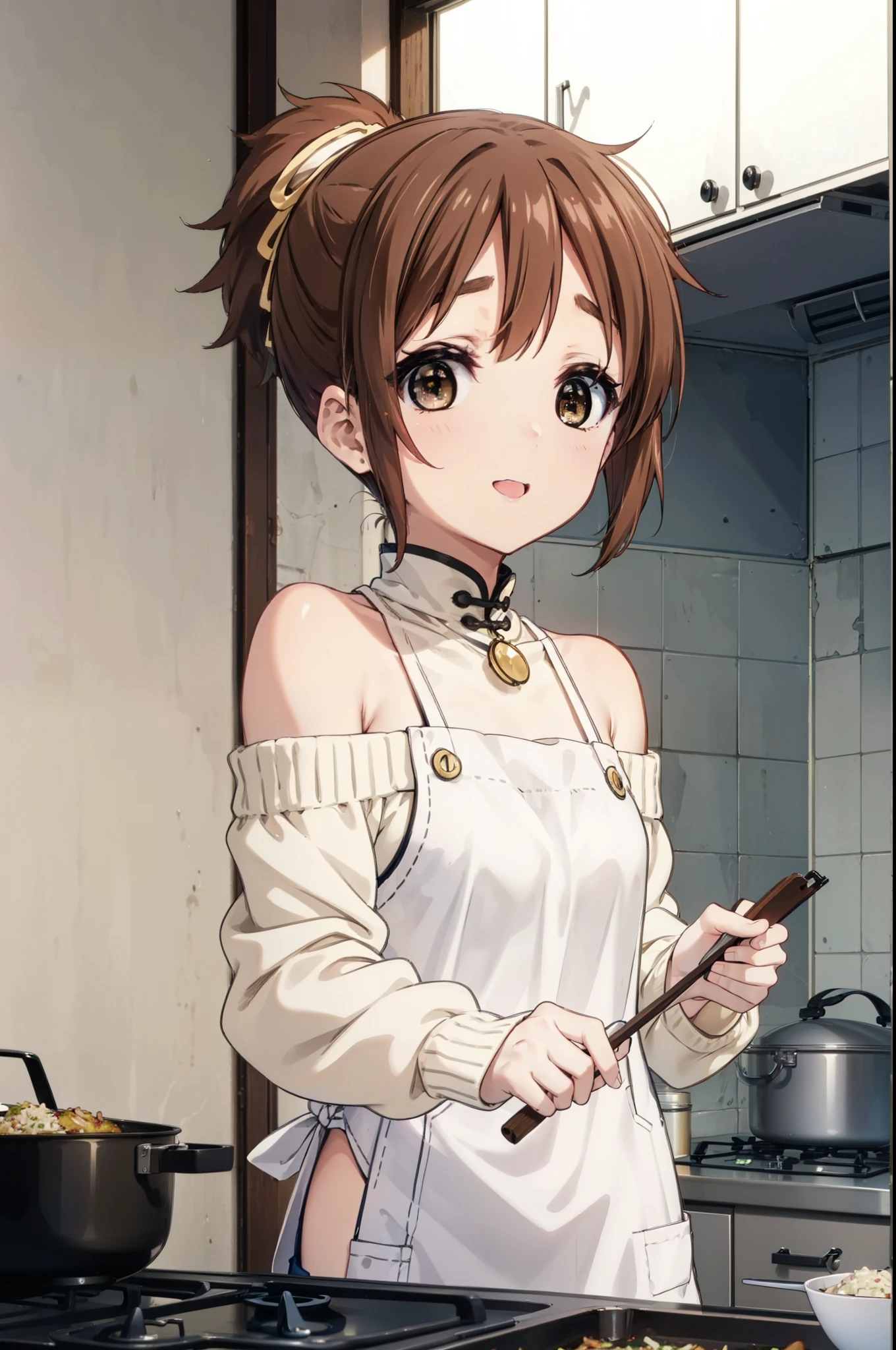 konuihirasawa, Yu Hirasawa, short hair, Brown Hair, (Brown eyes:1.5), ponytail,happy smile, smile, Open your mouth,Off-the-shoulder sweater,Long skirt,Bare shoulders,bare clavicle,Bare neck,Rocket Pendant,barefoot,apron,Zend 4y4, cooking, Chinese pan, fire, fried rice, Stove, The legs are detached from the frame,whole bodyがイラストに入るように,
break indoors, kitchen,
break looking at viewer, whole body,
break (masterpiece:1.2), highest quality, High resolution, unity 8k wallpaper, (shape:0.8), (Beautiful details:1.6), Highly detailed face, Perfect lighting, Highly detailed CG, (Perfect hands, Perfect Anatomy),