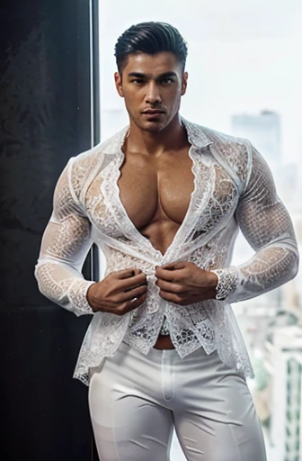 Handsome Latin Man Glamor Modern Fashion Suit Suit Black Time White Lace Athletic Outfit Sexy White Lace Pop Star Bare Chest Transparent and Tulle. . tight pants showing muscles in white lace