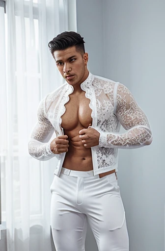 Handsome Latin Man Glamor Modern Fashion Suit Suit Black Time White Lace Athletic Outfit Sexy White Lace Pop Star Bare Chest Transparent and Tulle. . tight pants showing muscles in white lace