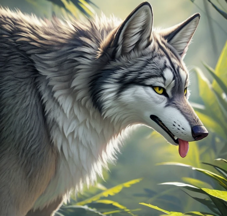 Fel wolf naked, big paws, marching on all fours, solo, wolf, gray fur, tongue out, BREAK, jungle background, (intricate, high detail, film photography, soft focus, RAW candid cinema, photorealism, realistic, photorealistic, analog style, subsurface scattering, masterpiece, best quality, 8k), profile picture