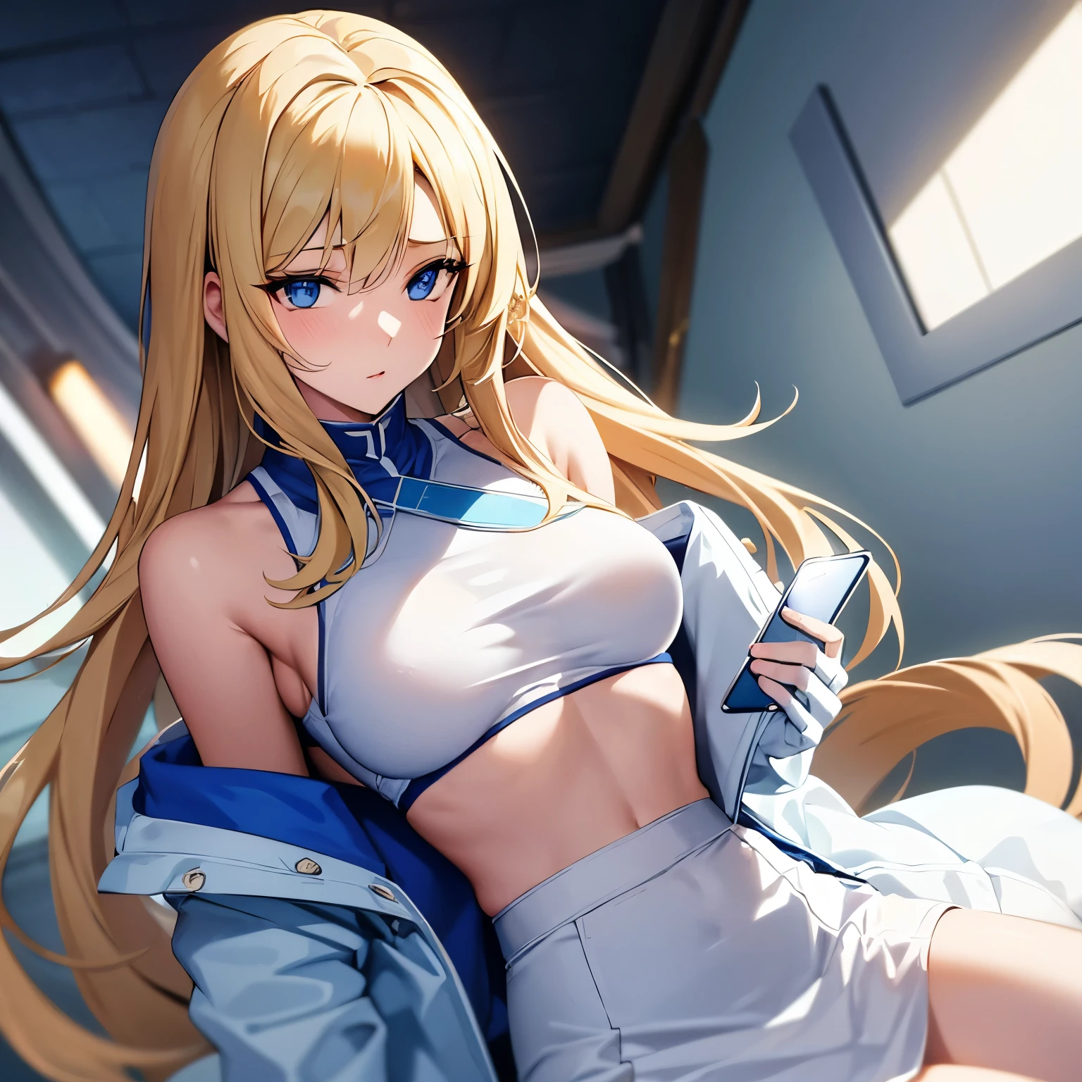One beautiful pretty sexy girl, long blonde hair, blue eyes, medium breasts, wear white tank top, white skirts, holding phone, wearing blue mixed white jacket.