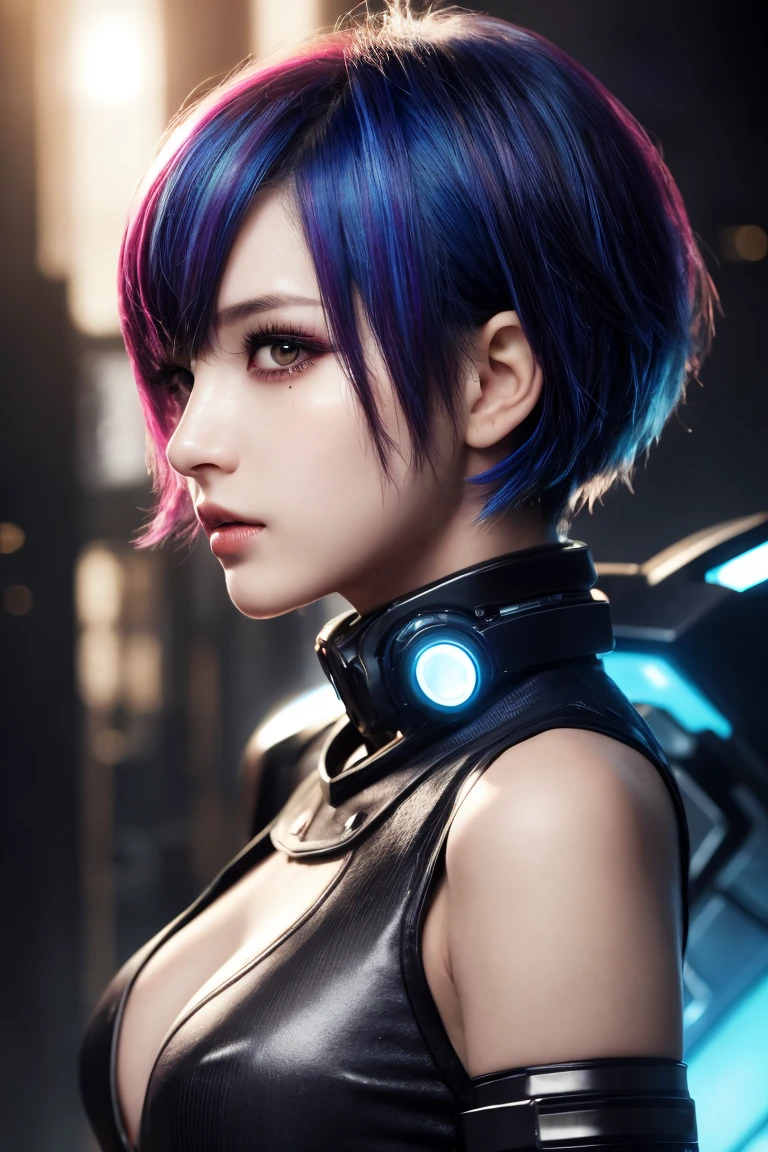 One girl, Marte Woman, Beautiful girl with a captivating gaze, cyber punk, Dynamic upper body pose, Striped Hair, x-shaped pupils, bloom, Ray Tracing, close, Lens flare, From the side, masterpiece, Textured skin, high quality, 最high quality, High resolution, 1080p, High resolution,16k