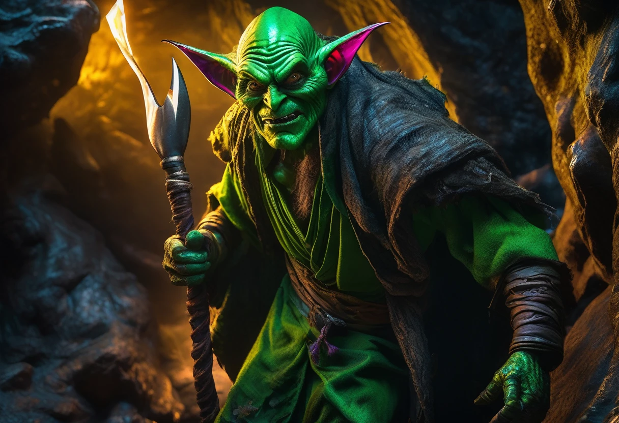 a clever, vicious green goblin, big detailed eyes, long ear hair, tattered mystic robe, wielding a pickaxe, lots of mystic pouches, quickly sneaking around a cavern, cinematic lighting, surreal, dark fantasy, highly detailed, 8k, photorealistic, sharp focus, professional, vibrant colors