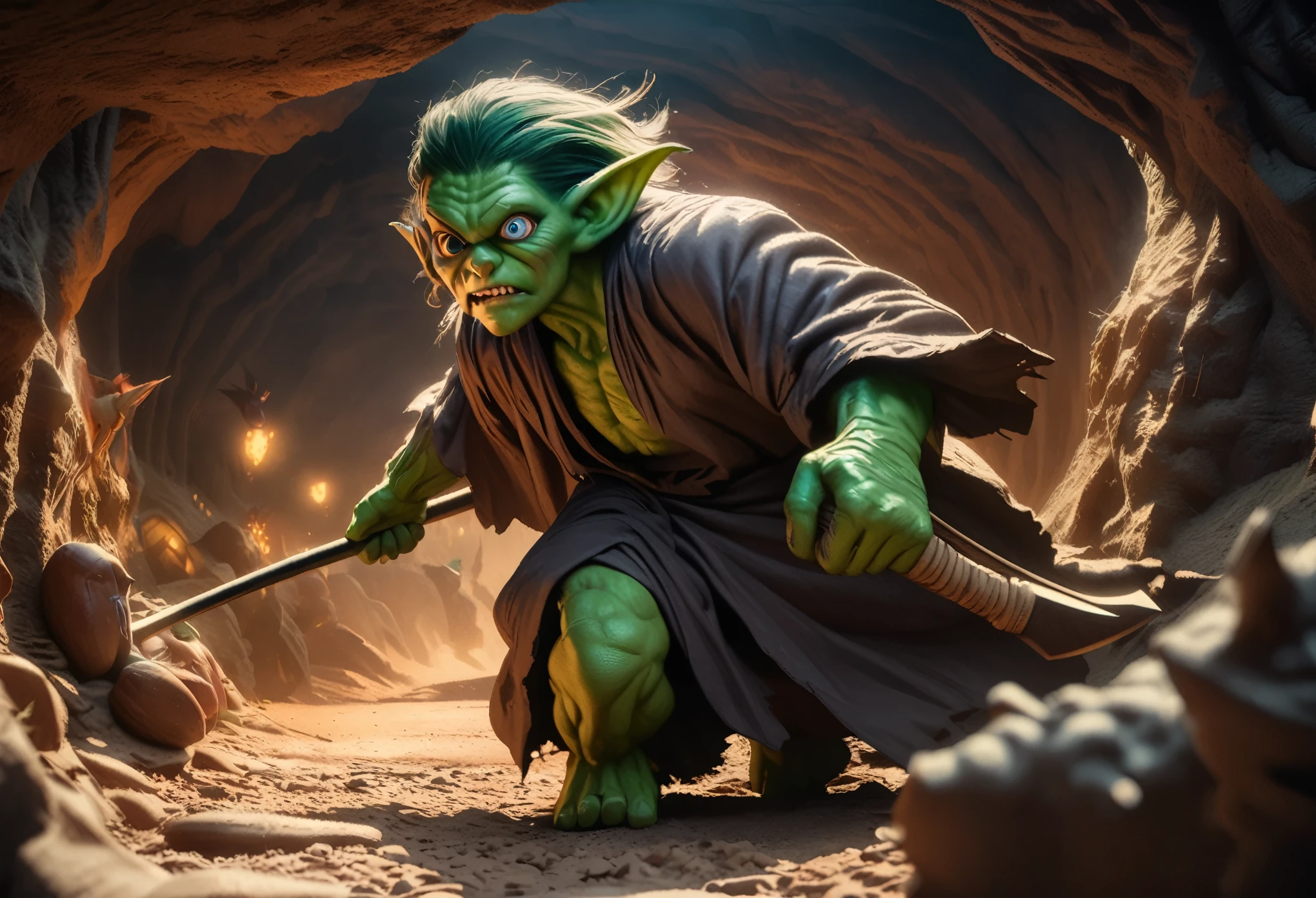 a clever, vicious green goblin, big detailed eyes, long ear hair, tattered mystic robe, wielding a pickaxe, lots of mystic pouches, quickly sneaking around a cavern, cinematic lighting, surreal, dark fantasy, highly detailed, 8k, photorealistic, sharp focus, professional, vibrant colors
