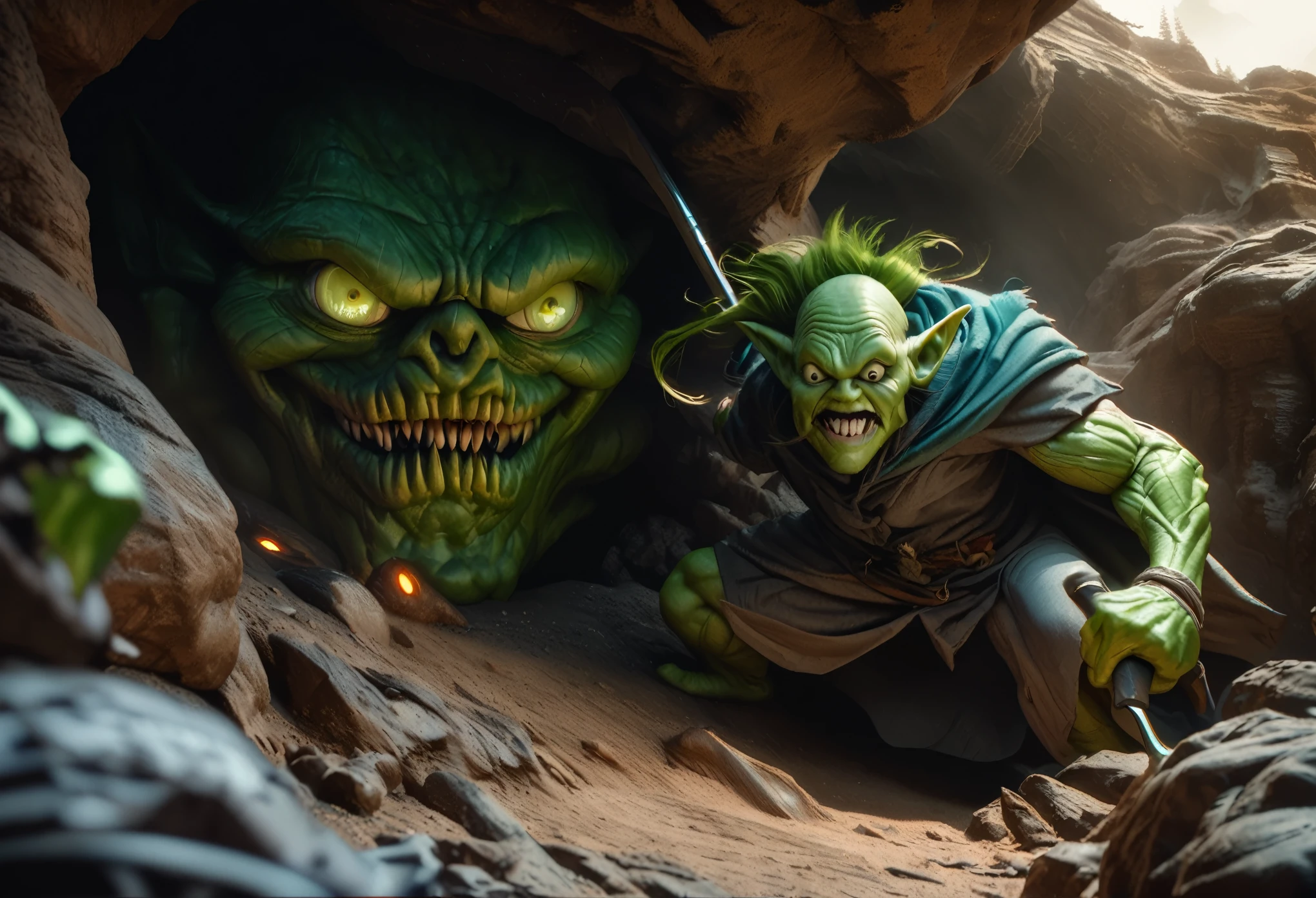 a clever, vicious green goblin, big detailed eyes, long ear hair, tattered mystic robe, wielding a pickaxe, lots of mystic pouches, quickly sneaking around a cavern, cinematic lighting, surreal, dark fantasy, highly detailed, 8k, photorealistic, sharp focus, professional, vibrant colors