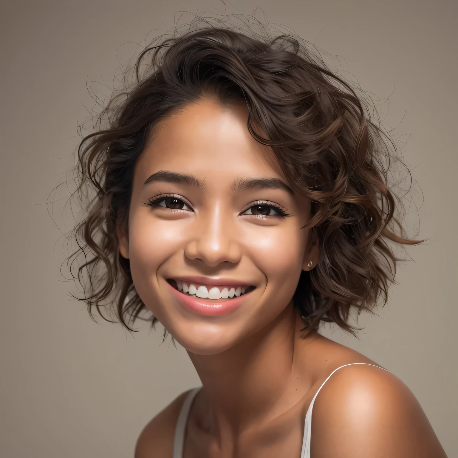 1girl, solo, flat head pose, looking straight into camera, profile photo of a young woman from a mix of Costa Rica and Dominican Republic, , small, square face, pointy nose, downward:1.2 nose, big smile, thin lips, chiseled jaw, short hair, wavy hair, studio lighting, neutral background