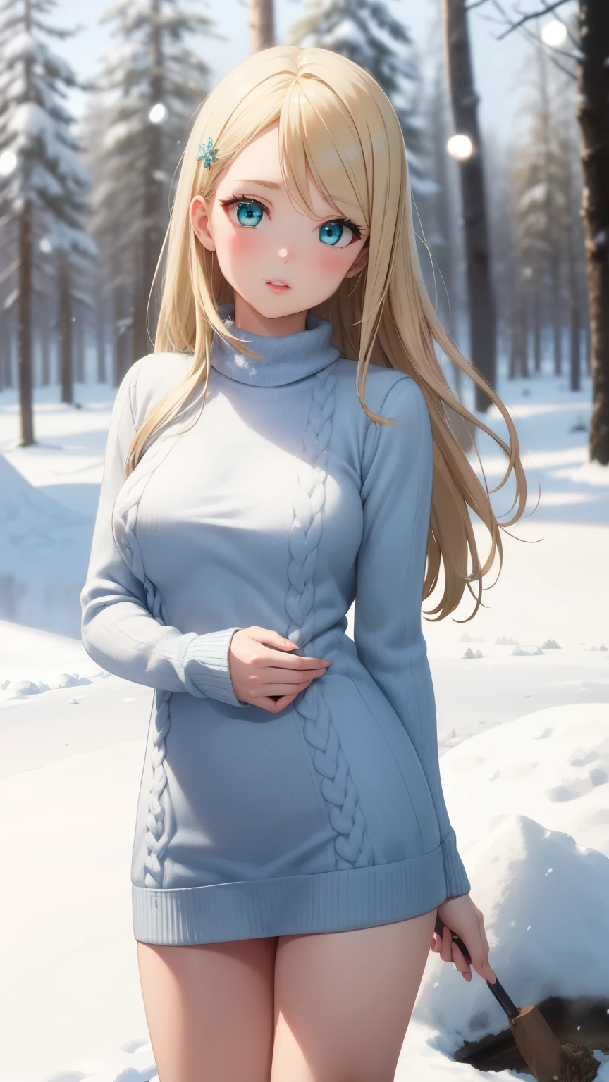 masterpiece, best quality, highly detailed, ultra high res, ayase arisa, 1girl, solo, hair ornament, long blonde hair, glossy lips, medium breasts, aqua eyes, snowy forest, knit sweater dress, (buried in snow)