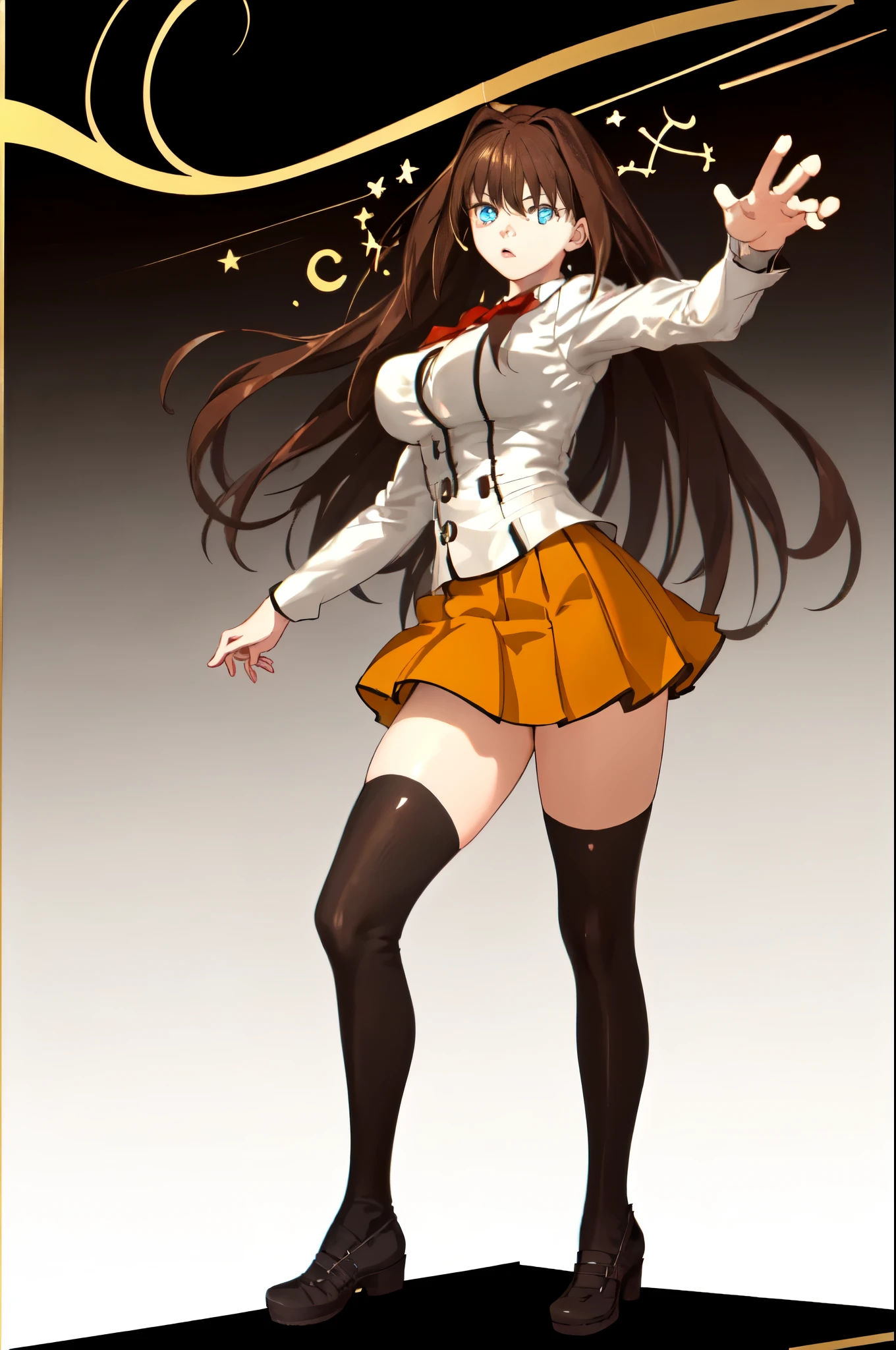 ((1girl:1.1)), (solo), ((cinematic light)), (colorful:0.9), hyper detail, dramatic light, intricate details, best quality, (wallpaper, masterpiece, best quality, ultra-detailed, best shadow), (beautiful detailed face, beautiful detailed eyes), high contrast, (best illumination, an extremely delicate and beautiful), (girl:1.5), dynamic angle, AokoSchoolUniform, only 2 legs, luscious hair, very long hair, (chestnut-brown hair with slightly reddish undertone), perfect face, (beautiful detailed eyes:0.9), (symbol-shaped pupils:1.4), (blue eyes), red bowtie, beige blazer, white shirt, (large breasts:0.7), nice hips, (Umber pleated-skirt:1.5), (black spandex shorts:1.4), (nice thighs:1.5), (symmetrical black thigh-high stockings:1.5), (brown Strap-Shoes), standing straight, ((Full body in frame including full shoes)), white-empty background, (((empty background:1.8)))
