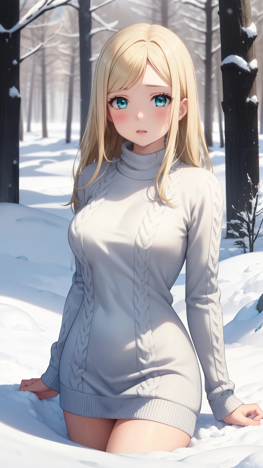 masterpiece, best quality, highly detailed, ultra high res, ayase arisa, 1girl, solo, hair ornament, long blonde hair, glossy lips, medium breasts, aqua eyes, snowy forest, knit sweater dress, (buried in snow)